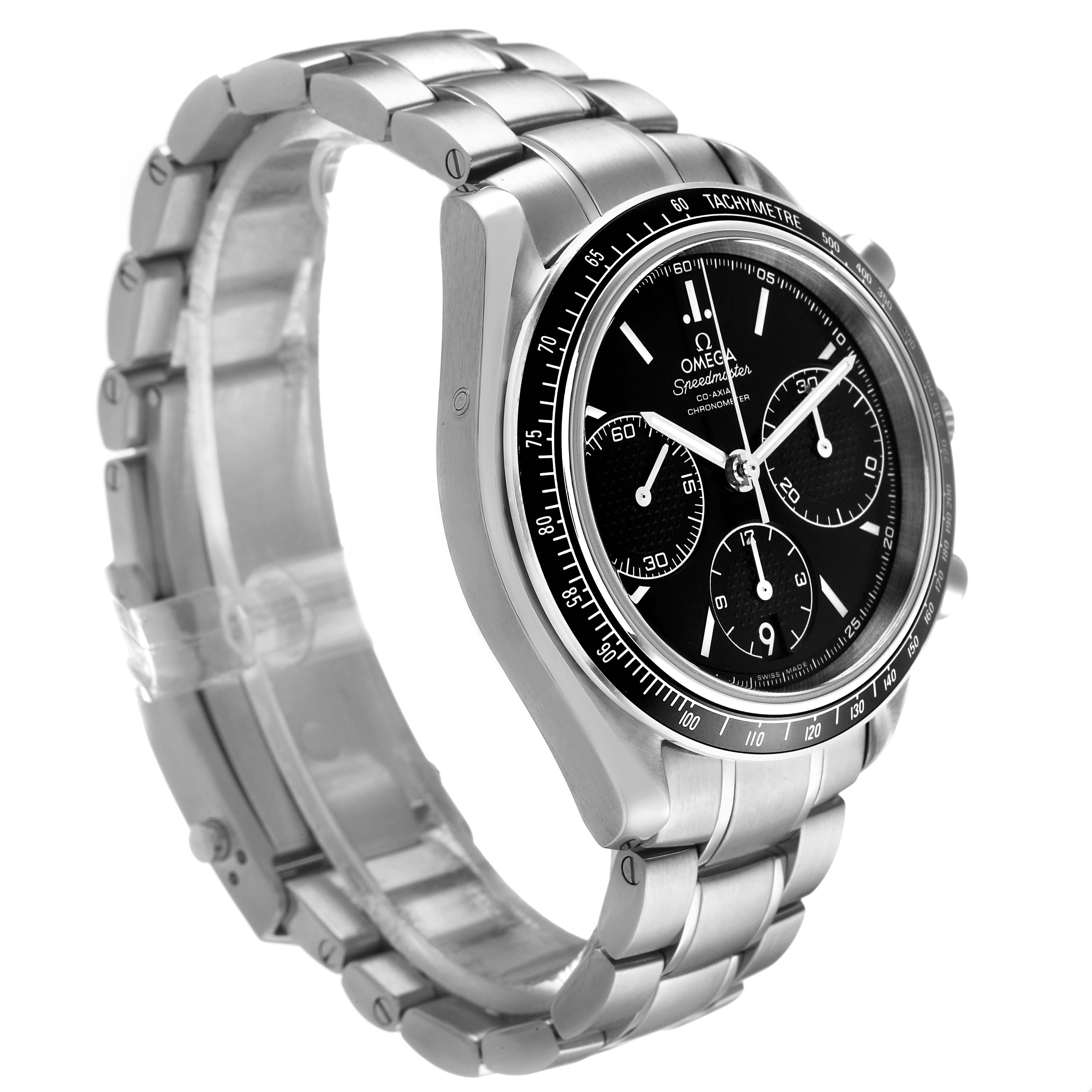 The Omega Speedmaster 326.30.40.50.01.001 Men's Stainless Steel Black Dial watch is shown at a slight angle, displaying its black dial and metal bracelet.