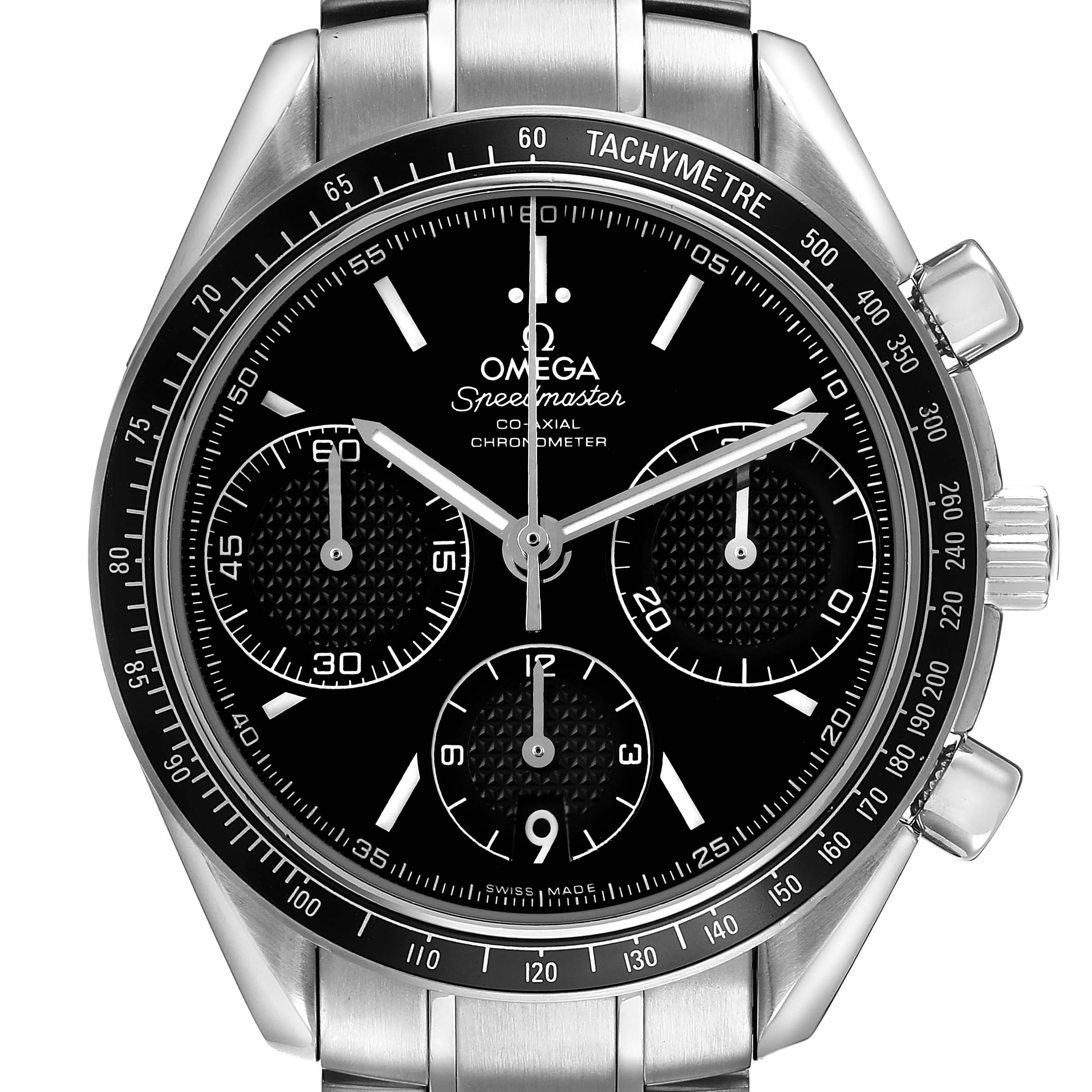The Omega Speedmaster 326.30.40.50.01.001 Men's Stainless Steel Black Dial watch is shown from the front, highlighting the face, subdials, and tachymeter bezel.