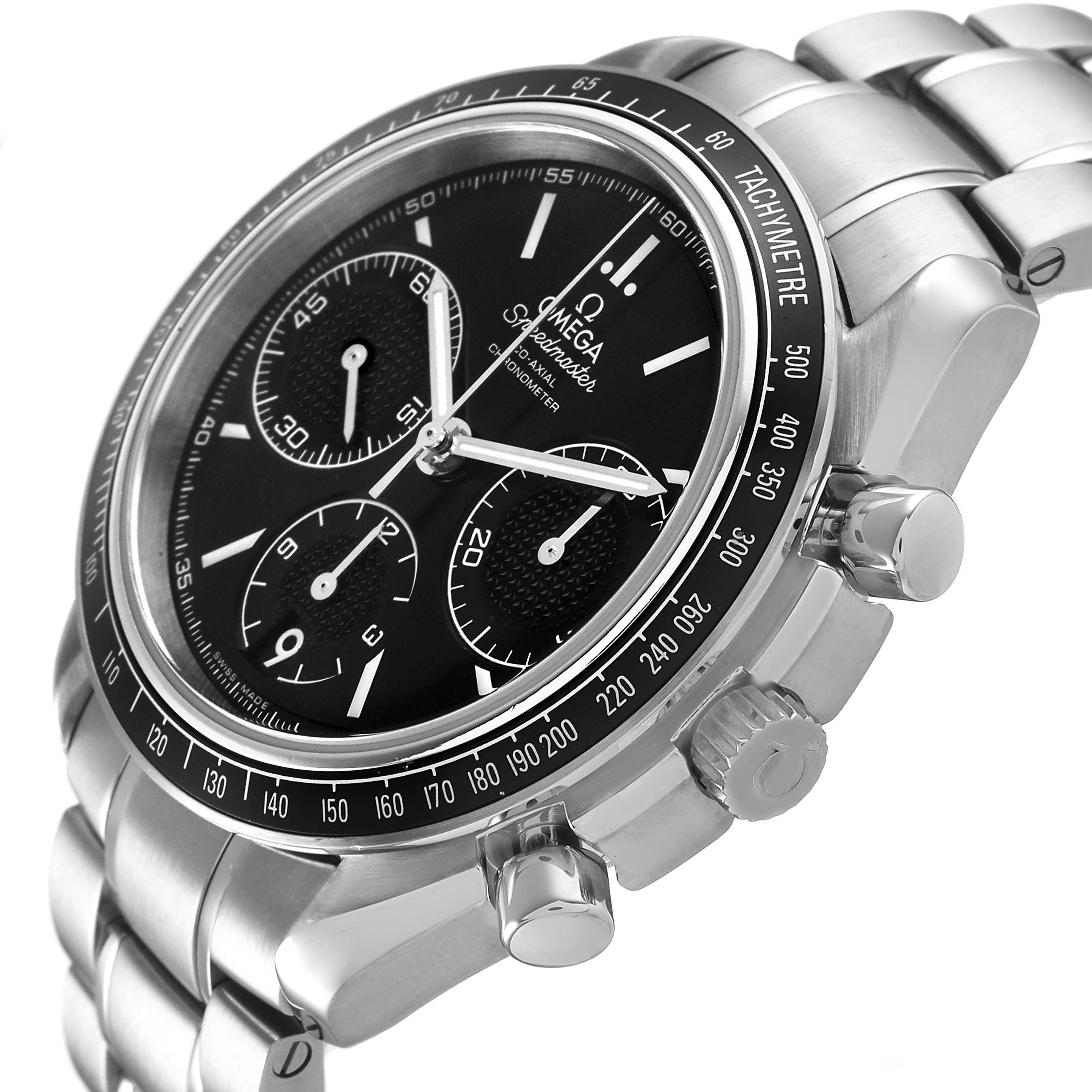 The Omega Speedmaster 326.30.40.50.01.001 Men's Stainless Steel Black Dial watch is shown at a three-quarter angle, highlighting the face, tachymeter bezel, chronograph dials, and crown.