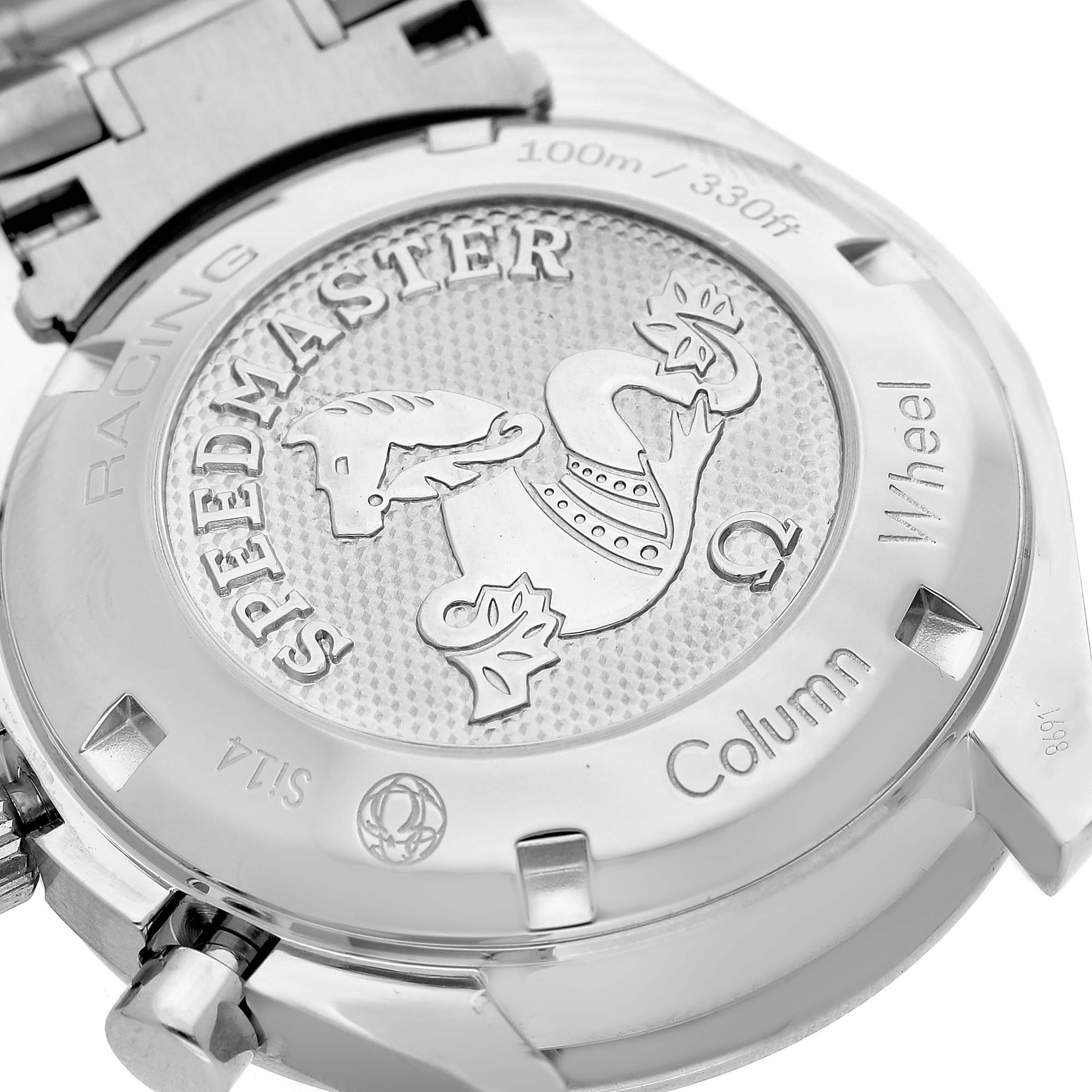 The image shows the engraved case back of an Omega Speedmaster 326.30.40.50.01.001 Men's Stainless Steel Black Dial, featuring the brand logo and model details.