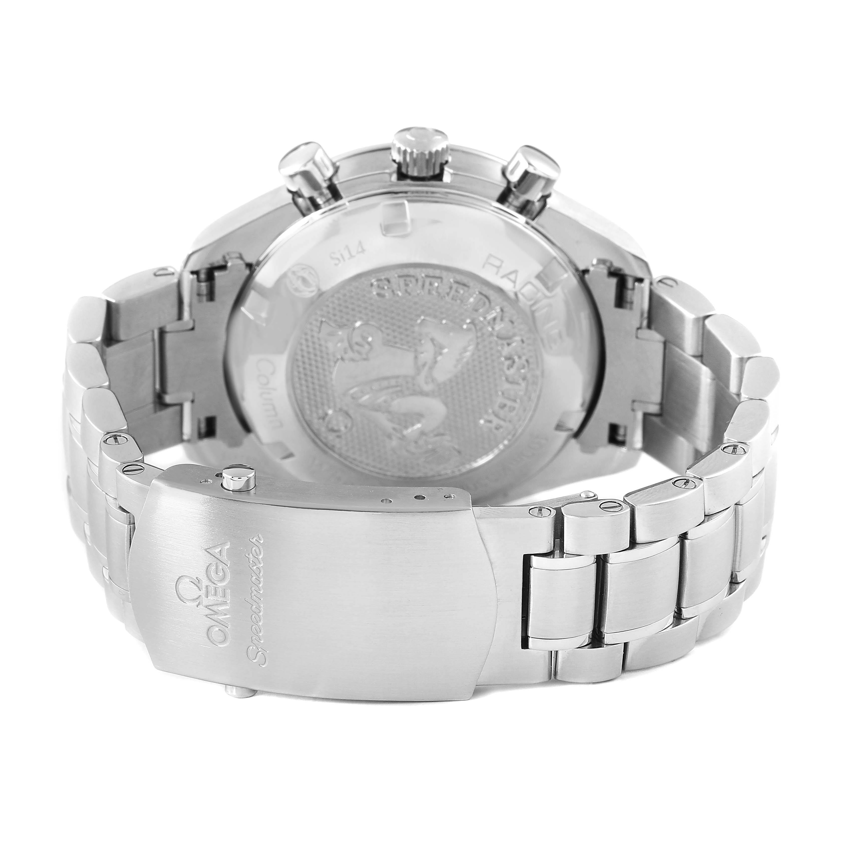 The image shows the Omega Speedmaster 326.30.40.50.01.001 Men's Stainless Steel Black Dial from the rear, highlighting the clasp and case back.