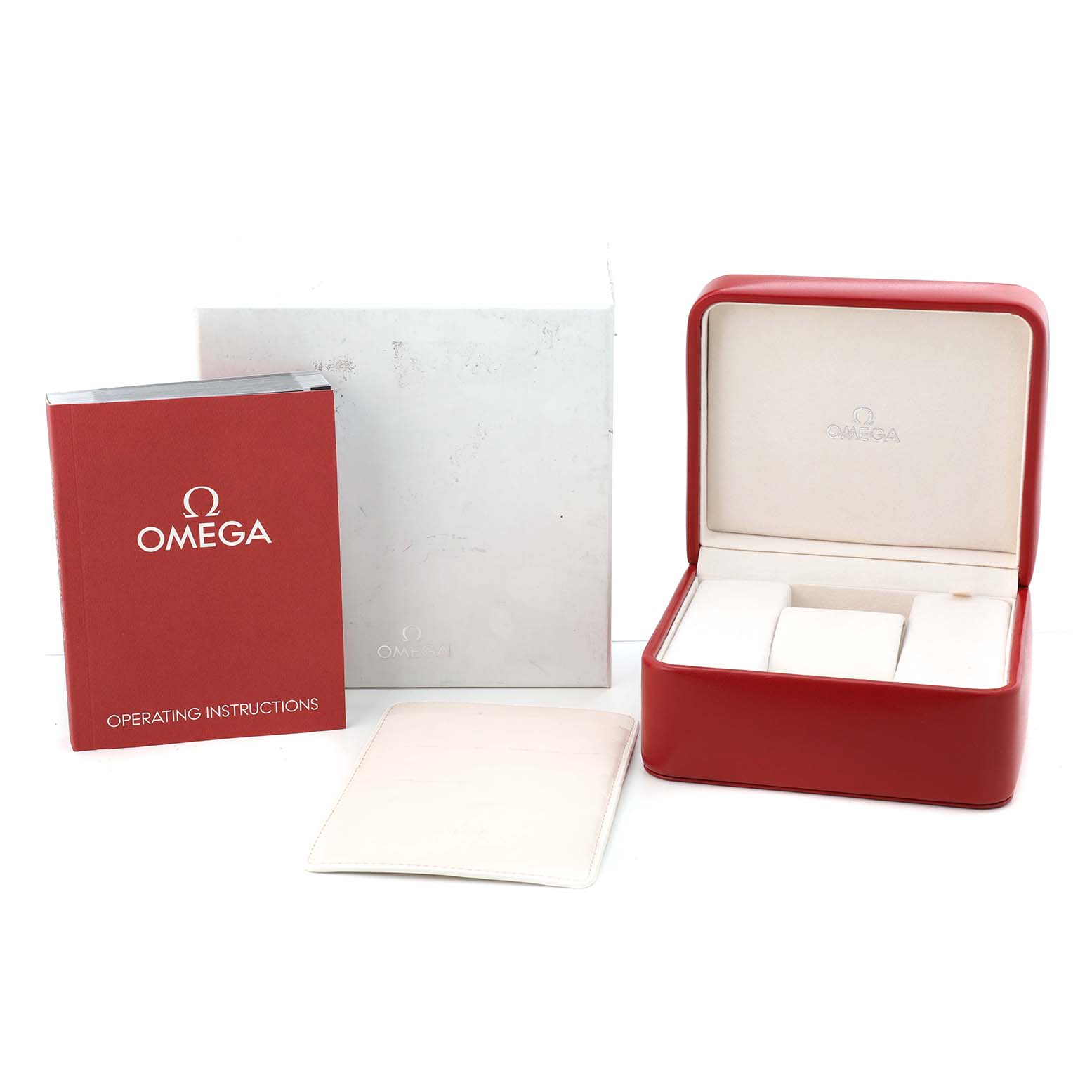 The image shows the packaging and accessories for an Omega Speedmaster 326.30.40.50.01.001 Men's Stainless Steel Black Dial, including a red case, instructions, and a sleeve.