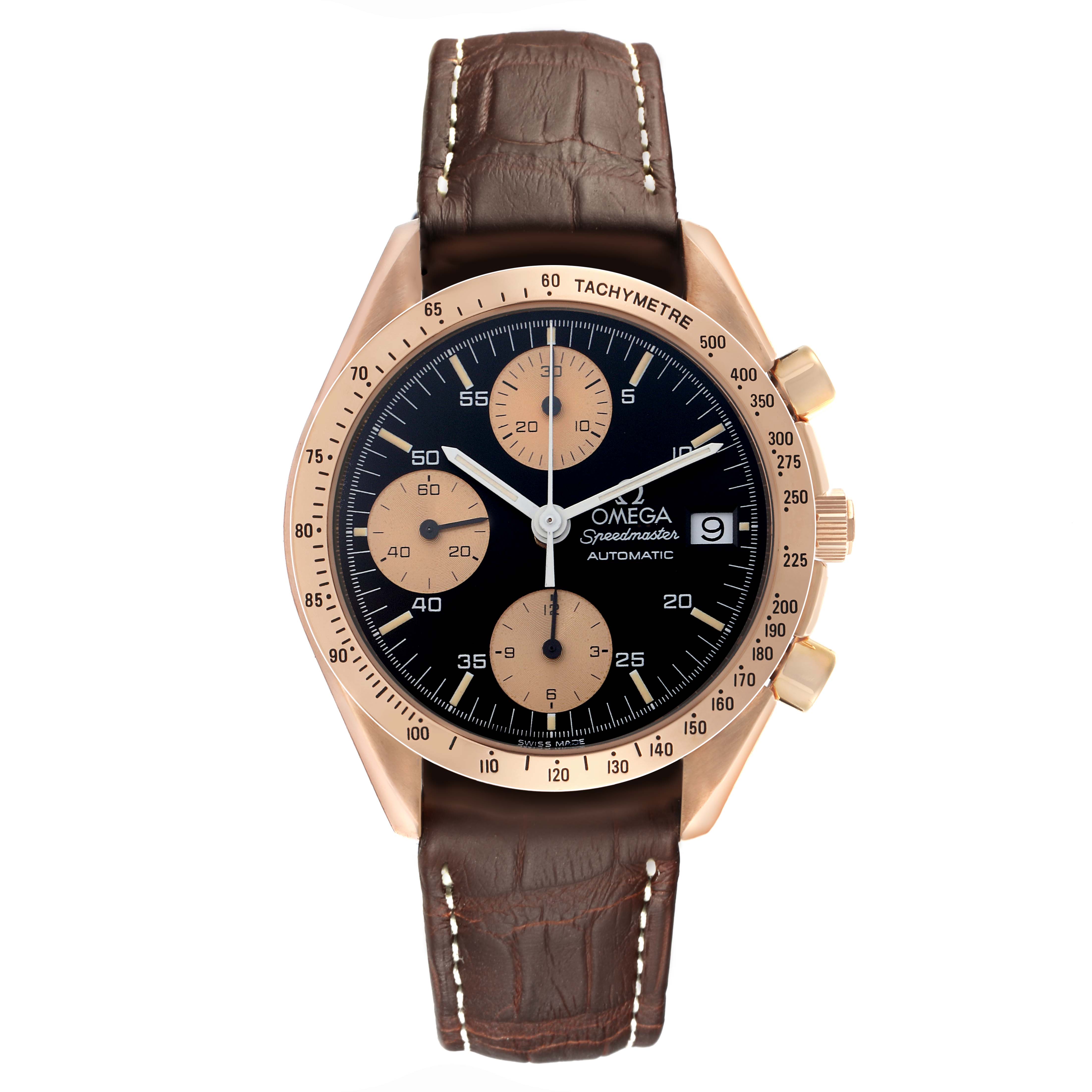 The Omega Speedmaster 3616.50.20 Men's Rose Gold Black Dial 3616.50.20 Men's Rose Gold Black Dial watch is shown from a top view, displaying the face, bezel, crown, pushers, and leather strap.