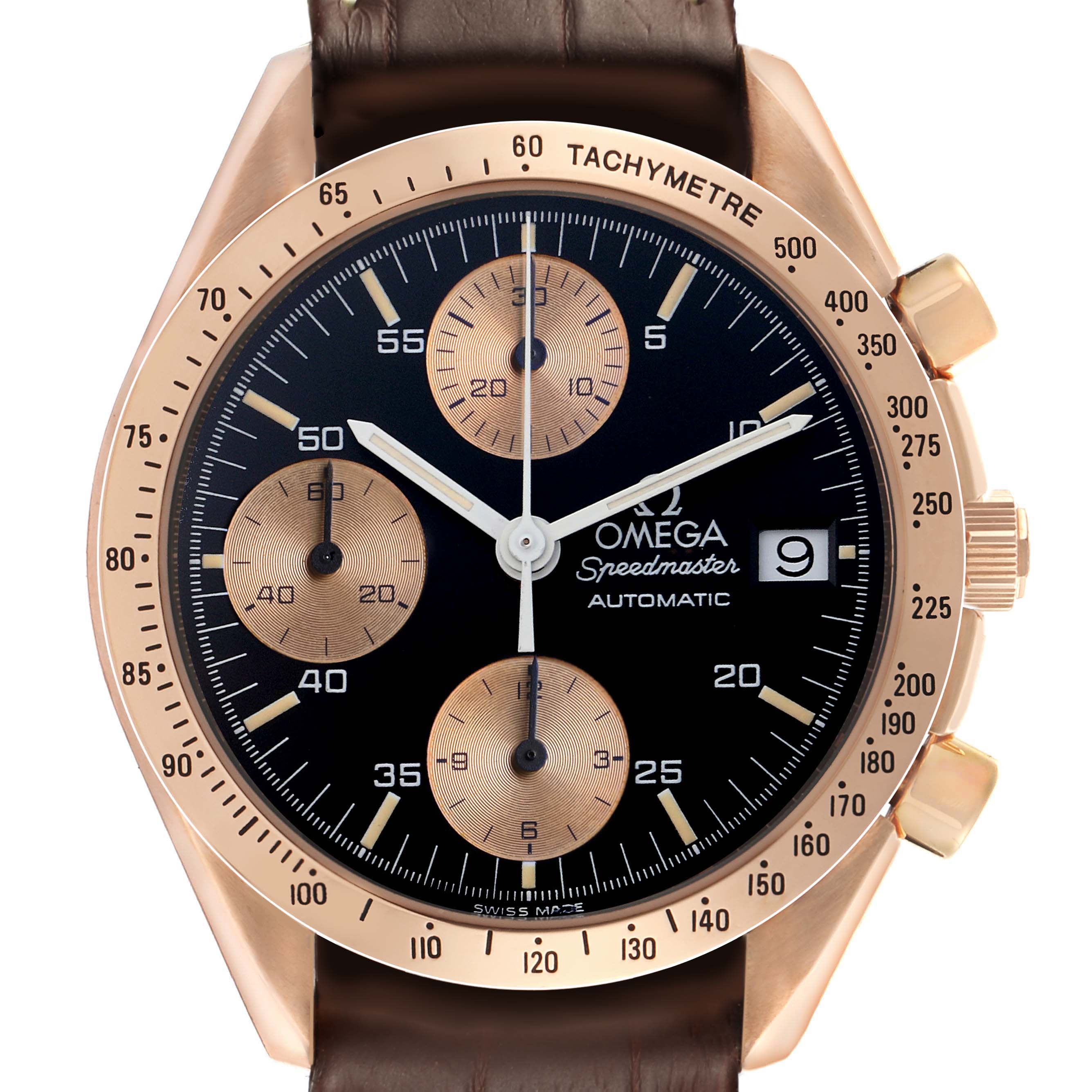 The Omega Speedmaster 3616.50.20 Men's Rose Gold Black Dial watch is shown from a front angle, displaying its face, three subdials, tachymeter scale, and date window.