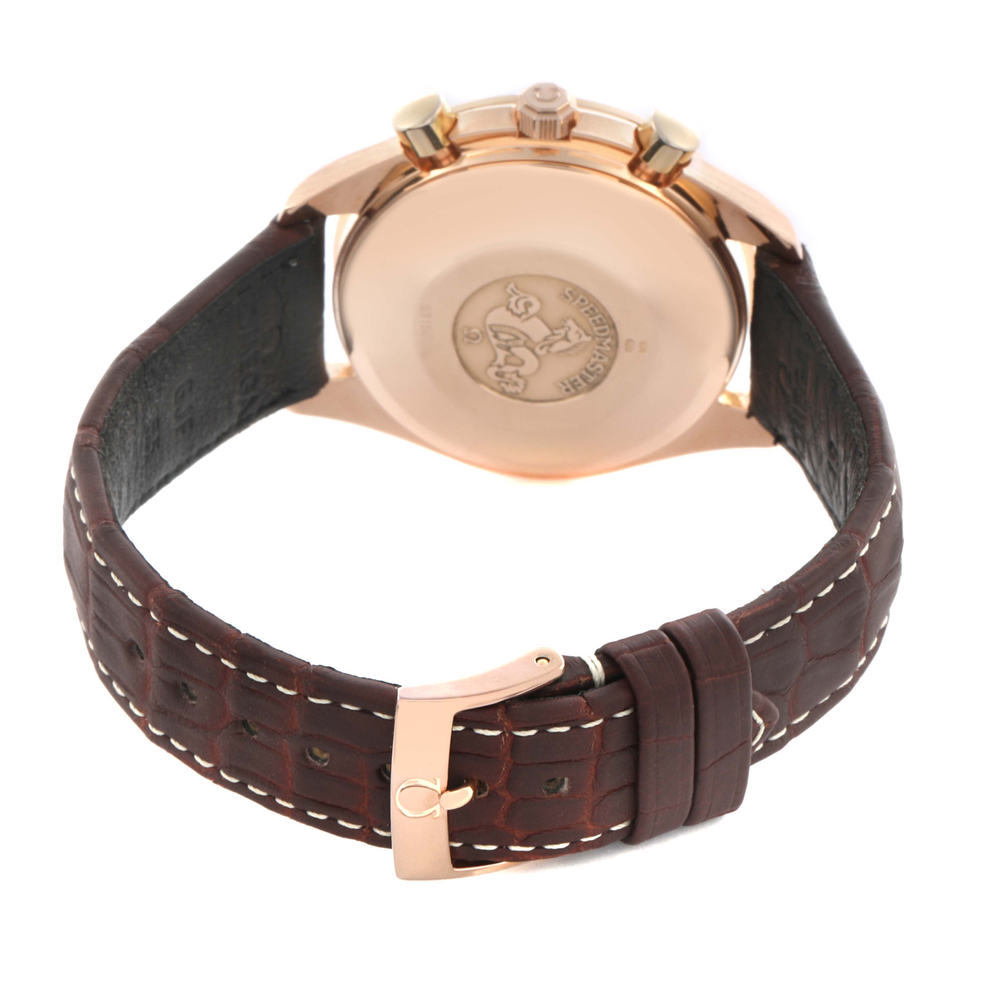 The Omega Speedmaster 3616.50.20 Men's Rose Gold Black Dial 3616.50.20 Men's Rose Gold Black Dial watch is shown from the back, highlighting the case back and brown leather strap with a buckle.