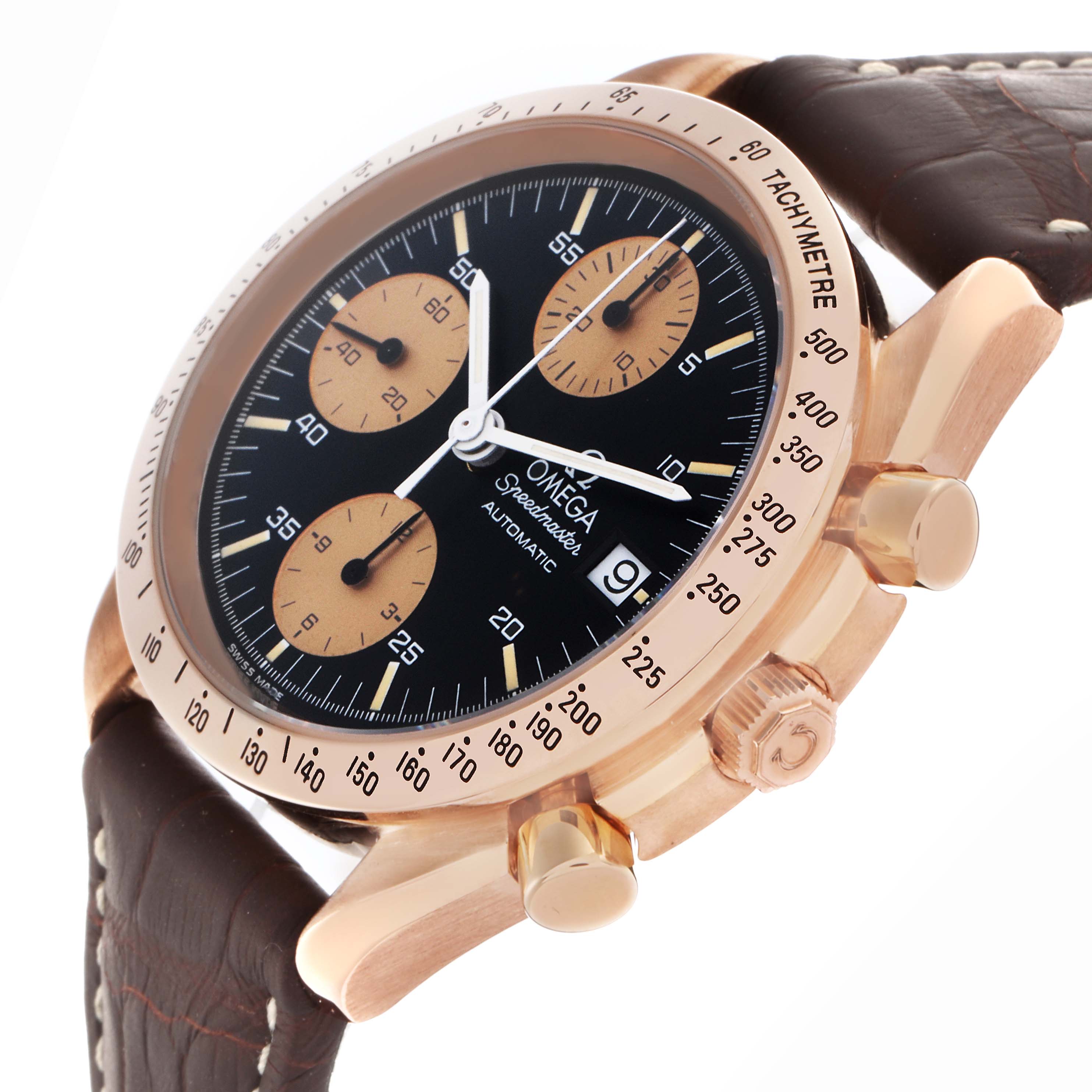 The Omega Speedmaster 3616.50.20 Men's Rose Gold Black Dial 3616.50.20 Men's Rose Gold Black Dial watch is shown at an angled side view, displaying the dial, chronograph sub-dials, tachymeter bezel, and crown.