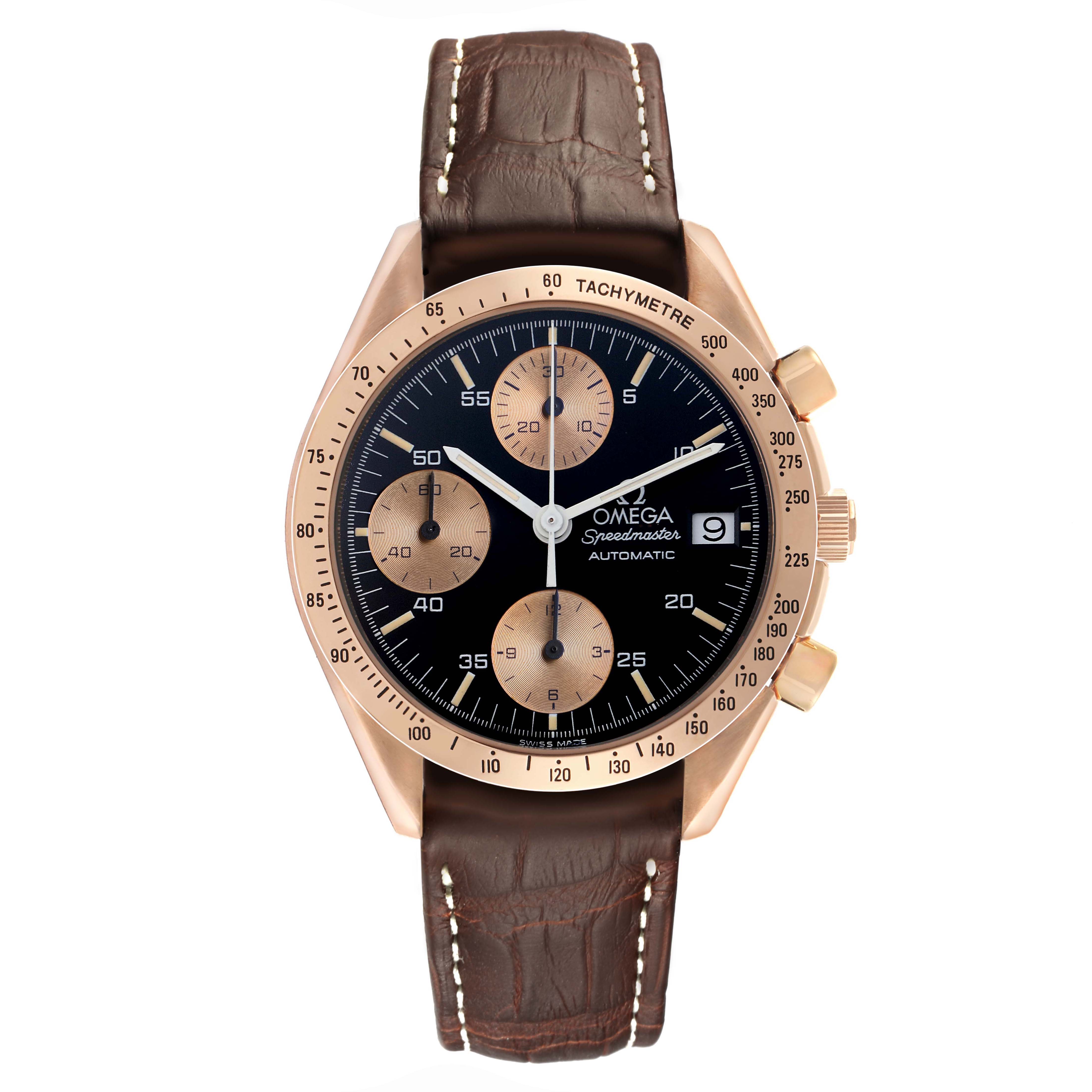 The Omega Speedmaster 3616.50.20 Men's Rose Gold Black Dial watch is shown from a front angle, highlighting the dial, tachymeter, and brown leather strap.