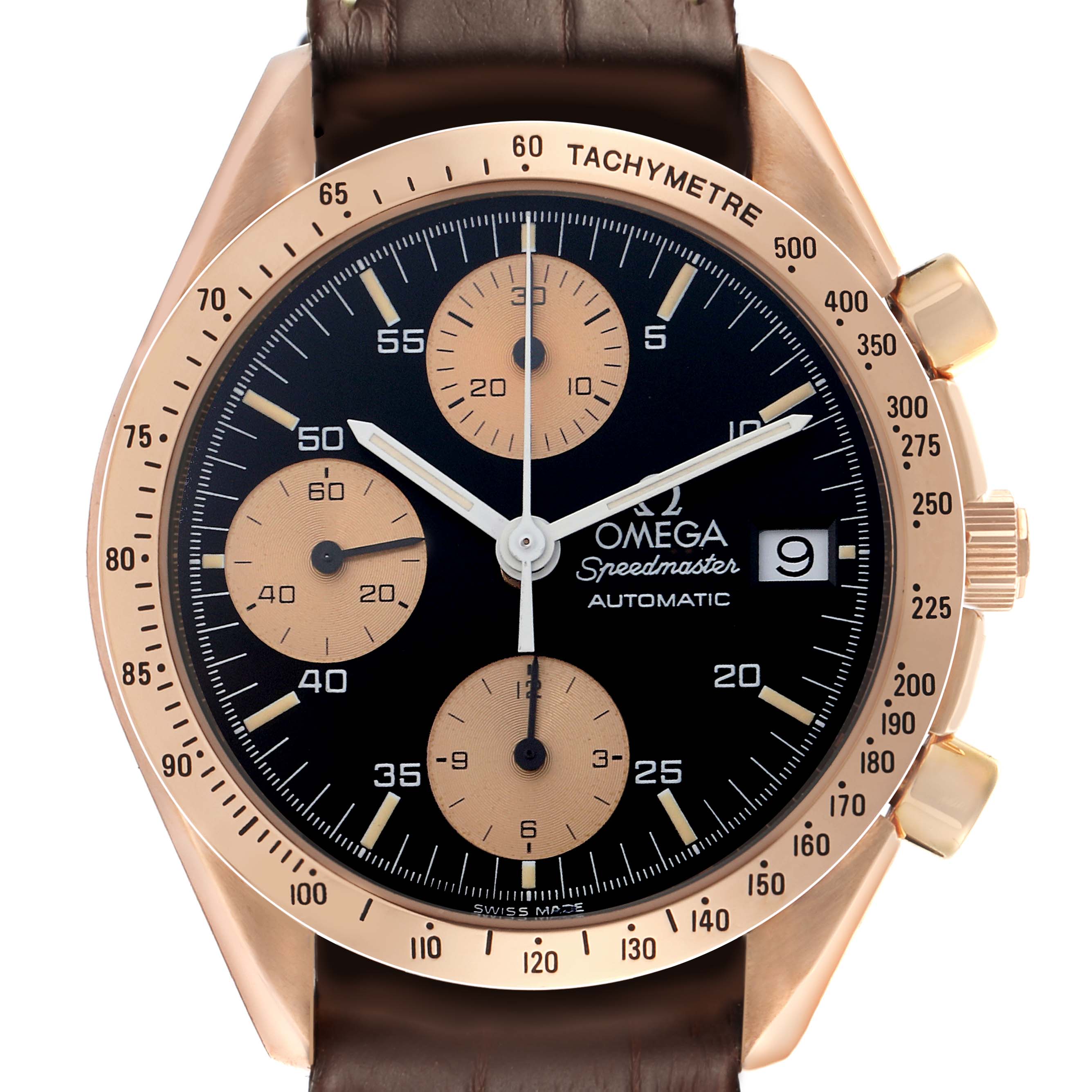 The Omega Speedmaster 3616.50.20 Men's Rose Gold Black Dial 3616.50.20 Men's Rose Gold Black Dial watch is shown from the front, displaying the dial, subdials, and tachymetre bezel.