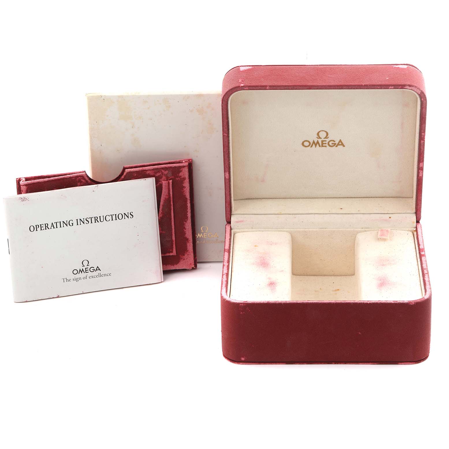 The image shows an Omega Speedmaster 3616.50.20 Men's Rose Gold Black Dial 3616.50.20 Men's Rose Gold Black Dial watch box, operating instructions, and a warranty card holder.