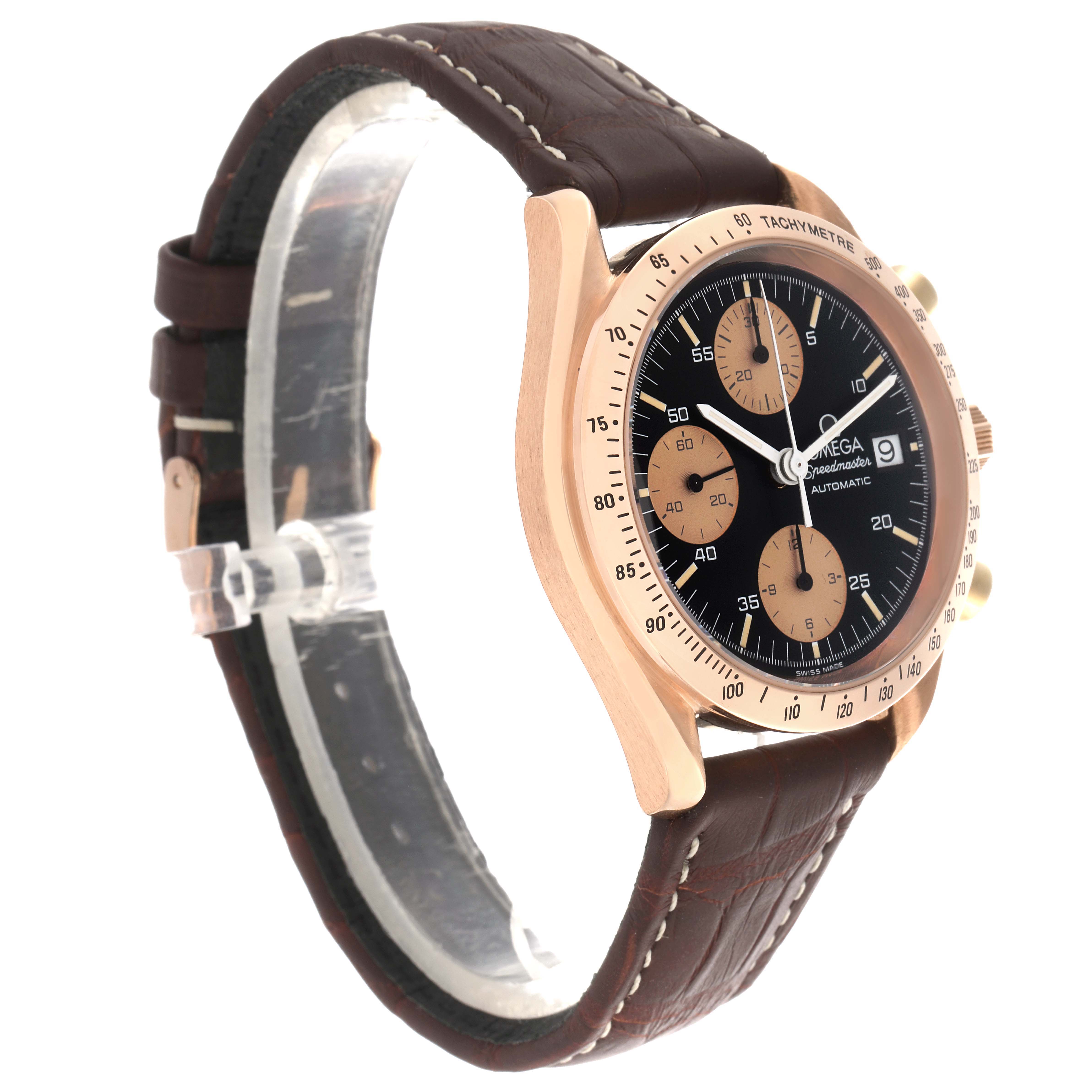 The Omega Speedmaster 3616.50.20 Men's Rose Gold Black Dial 3616.50.20 Men's Rose Gold Black Dial watch is shown at a slight angle, highlighting the dial, bezel, and leather strap.