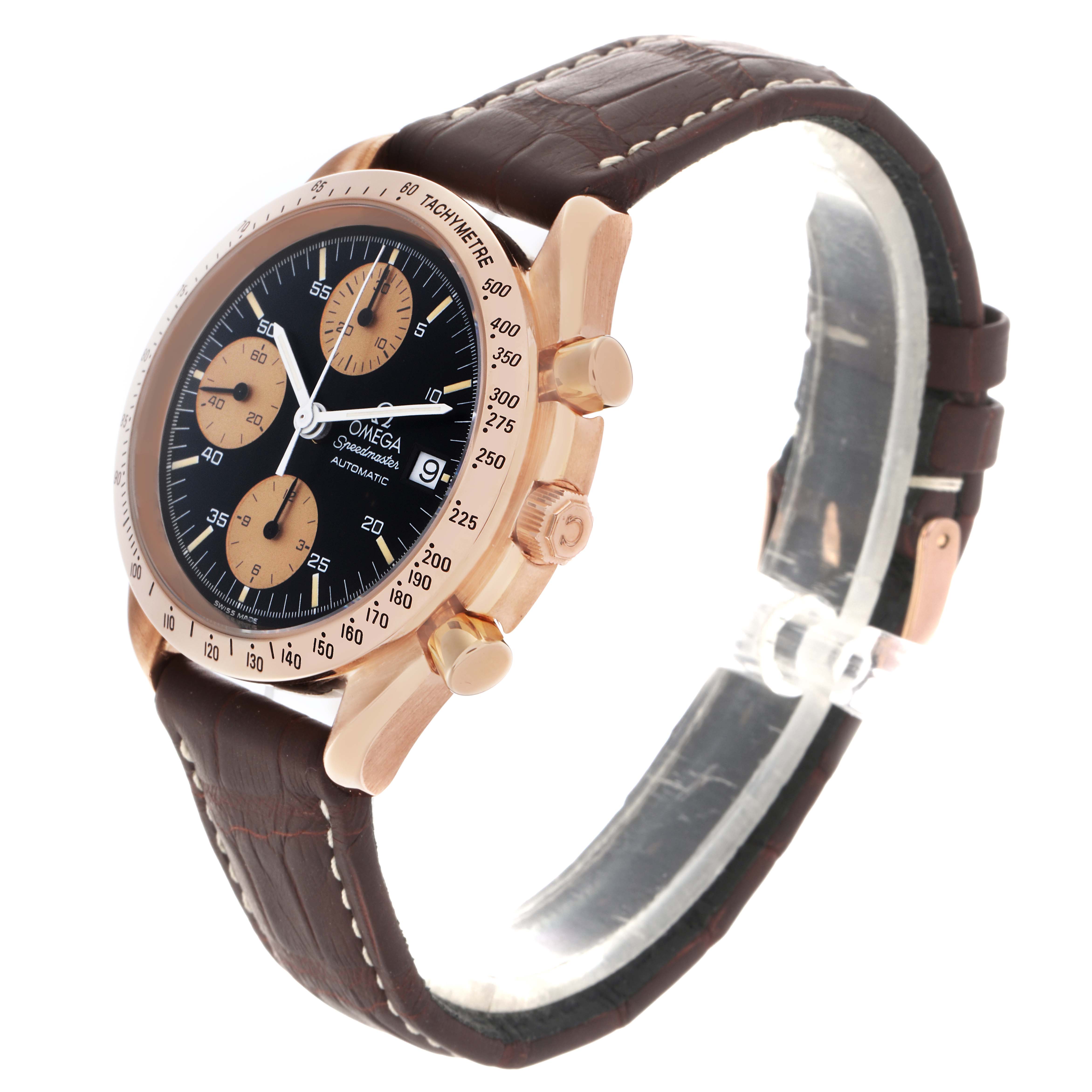 The Omega Speedmaster 3616.50.20 Men's Rose Gold Black Dial 3616.50.20 Men's Rose Gold Black Dial watch is shown at a three-quarter angle, highlighting the face, bezel, crown, pushers, and leather strap.