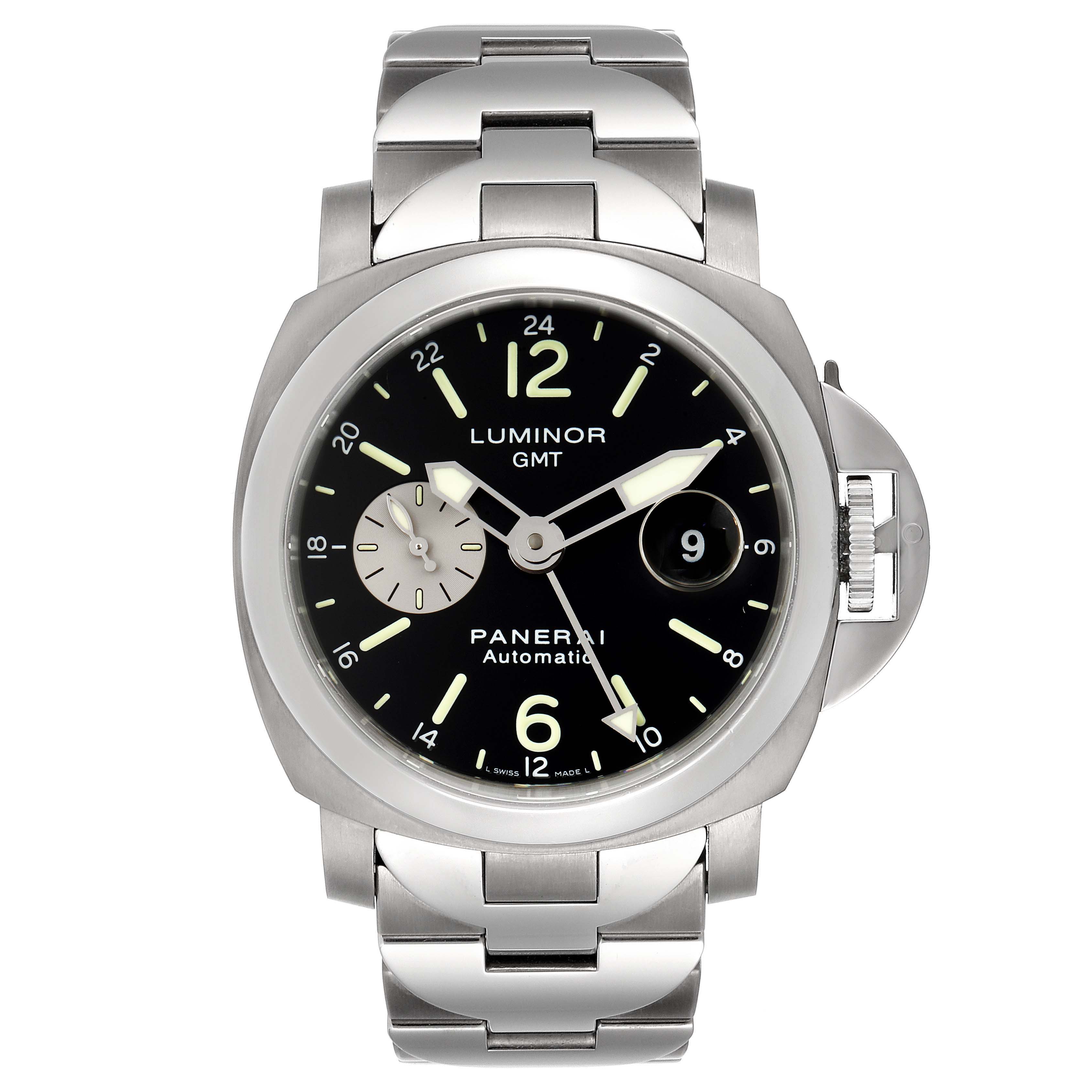 The image shows a front view of a Panerai Luminor PAM00161 Men's Stainless Steel Black Dial PAM00161 Men's Stainless Steel Black Dial GMT watch, highlighting the dial, hands, and stainless steel bracelet.
