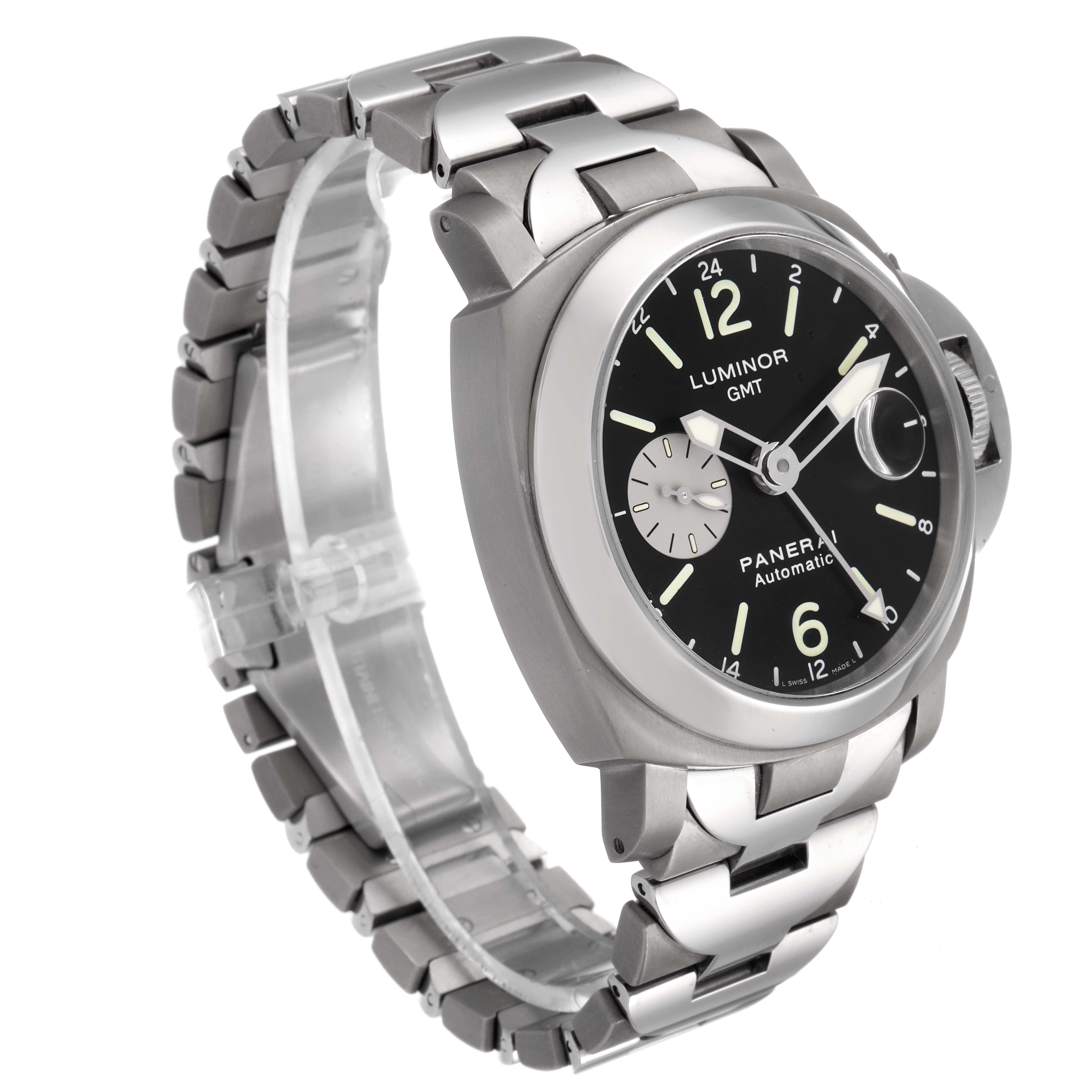 The image shows a Panerai Luminor PAM00161 Men's Stainless Steel Black Dial PAM00161 Men's Stainless Steel Black Dial GMT watch at a three-quarter angle, highlighting the face, bracelet, and crown guard.
