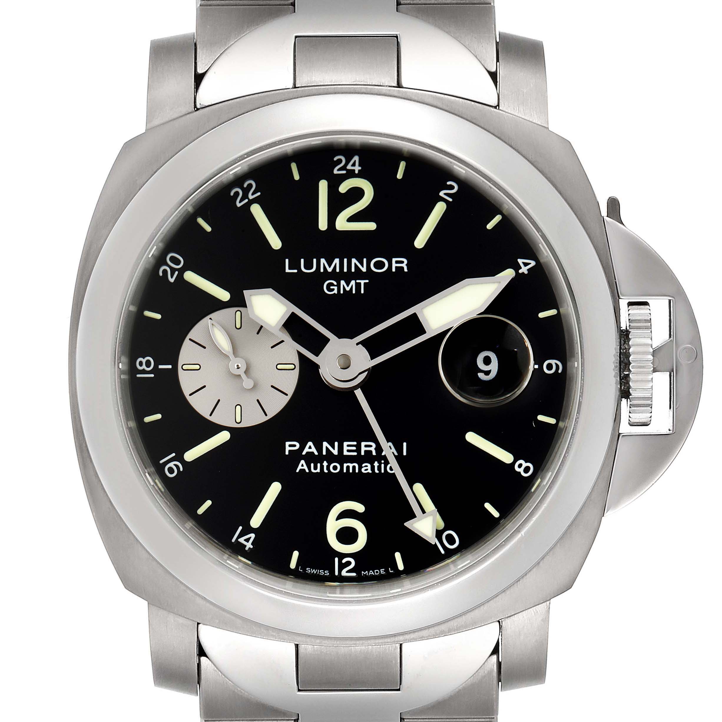 This image shows a front view of a Panerai Luminor PAM00161 Men's Stainless Steel Black Dial PAM00161 Men's Stainless Steel Black Dial GMT watch, highlighting its dial, bezel, and crown guard.