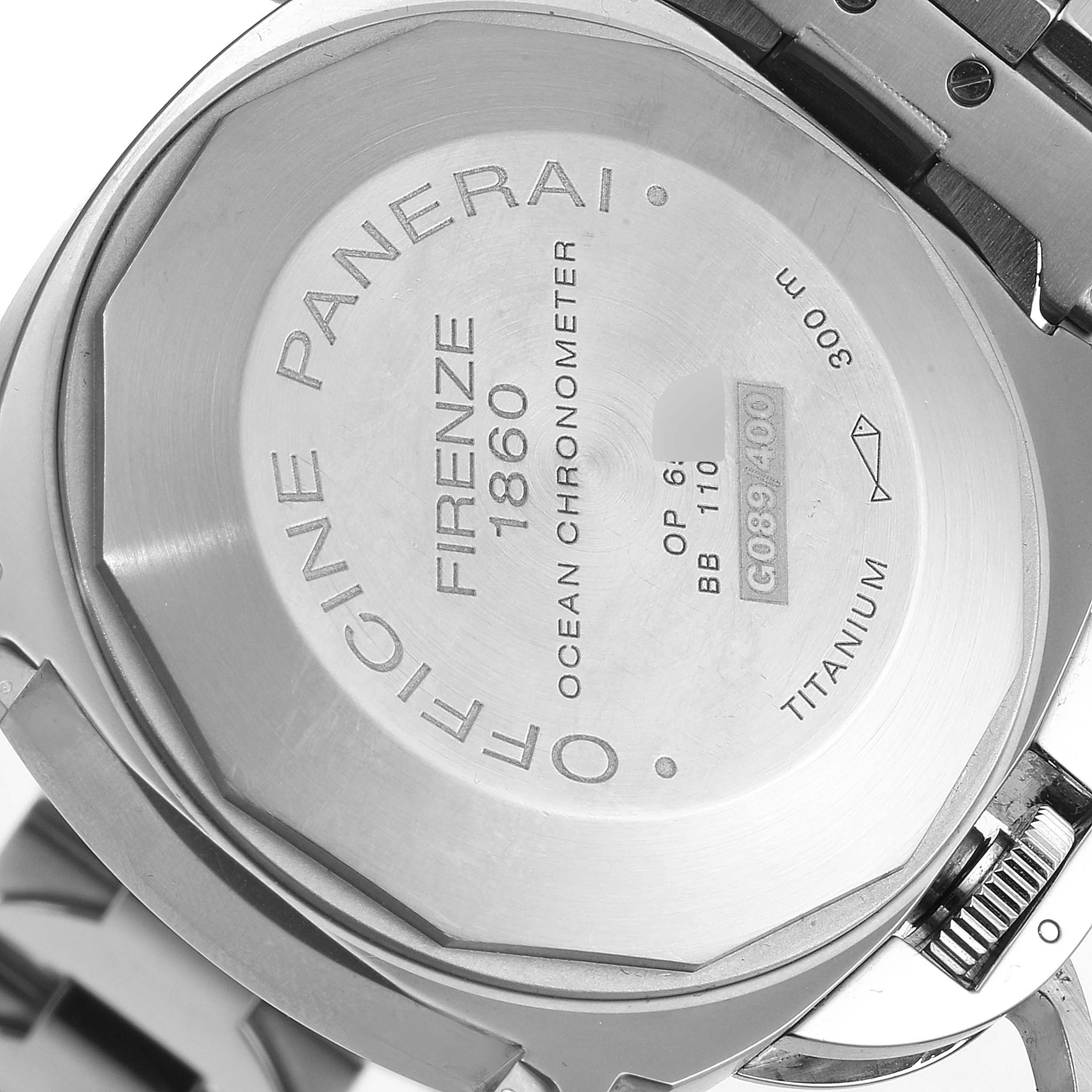 The image shows the back case of a Panerai Luminor PAM00161 Men's Stainless Steel Black Dial PAM00161 Men's Stainless Steel Black Dial watch, displaying textual details, material, and serial numbers.