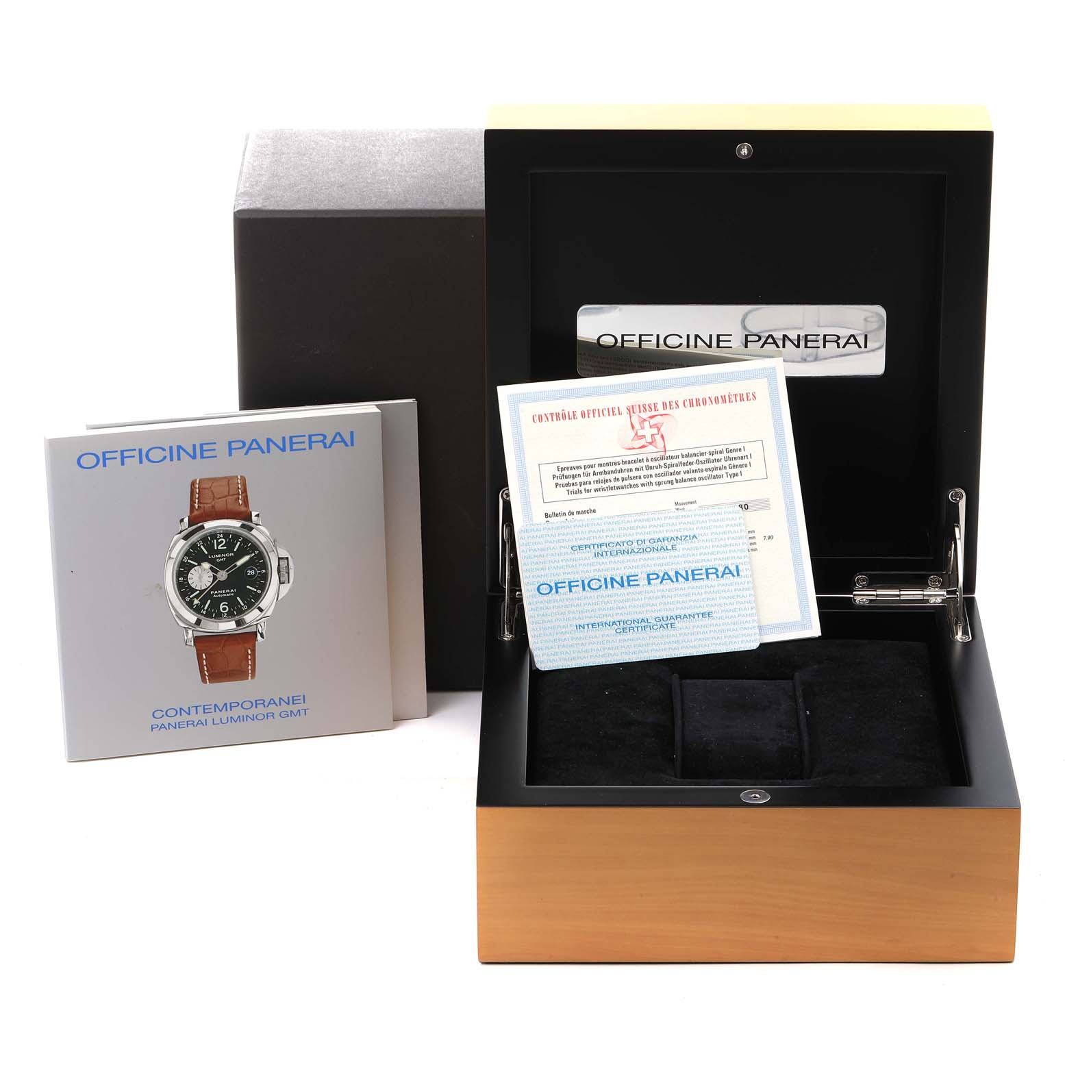 The image shows the packaging and documentation for a Panerai Luminor PAM00161 Men's Stainless Steel Black Dial PAM00161 Men's Stainless Steel Black Dial watch, including a box, manuals, and warranty cards.