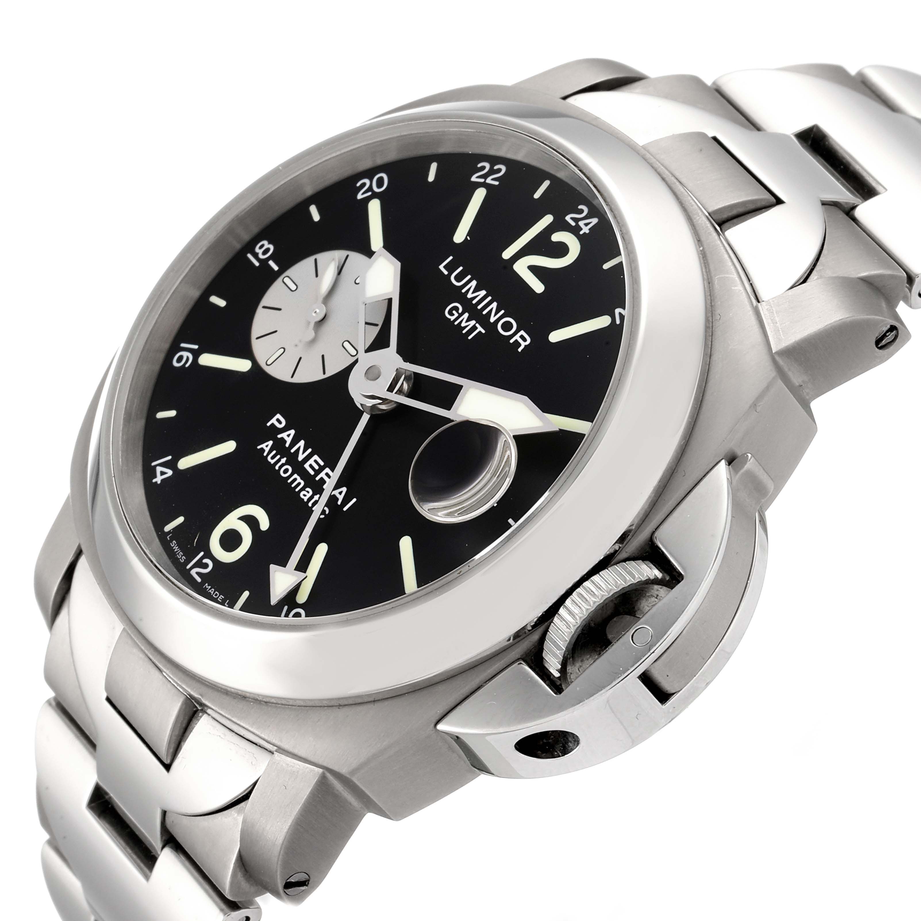 The Panerai Luminor PAM00161 Men's Stainless Steel Black Dial PAM00161 Men's Stainless Steel Black Dial GMT watch is shown at a three-quarter angle, highlighting its dial, bezel, crown guard, and metal bracelet.