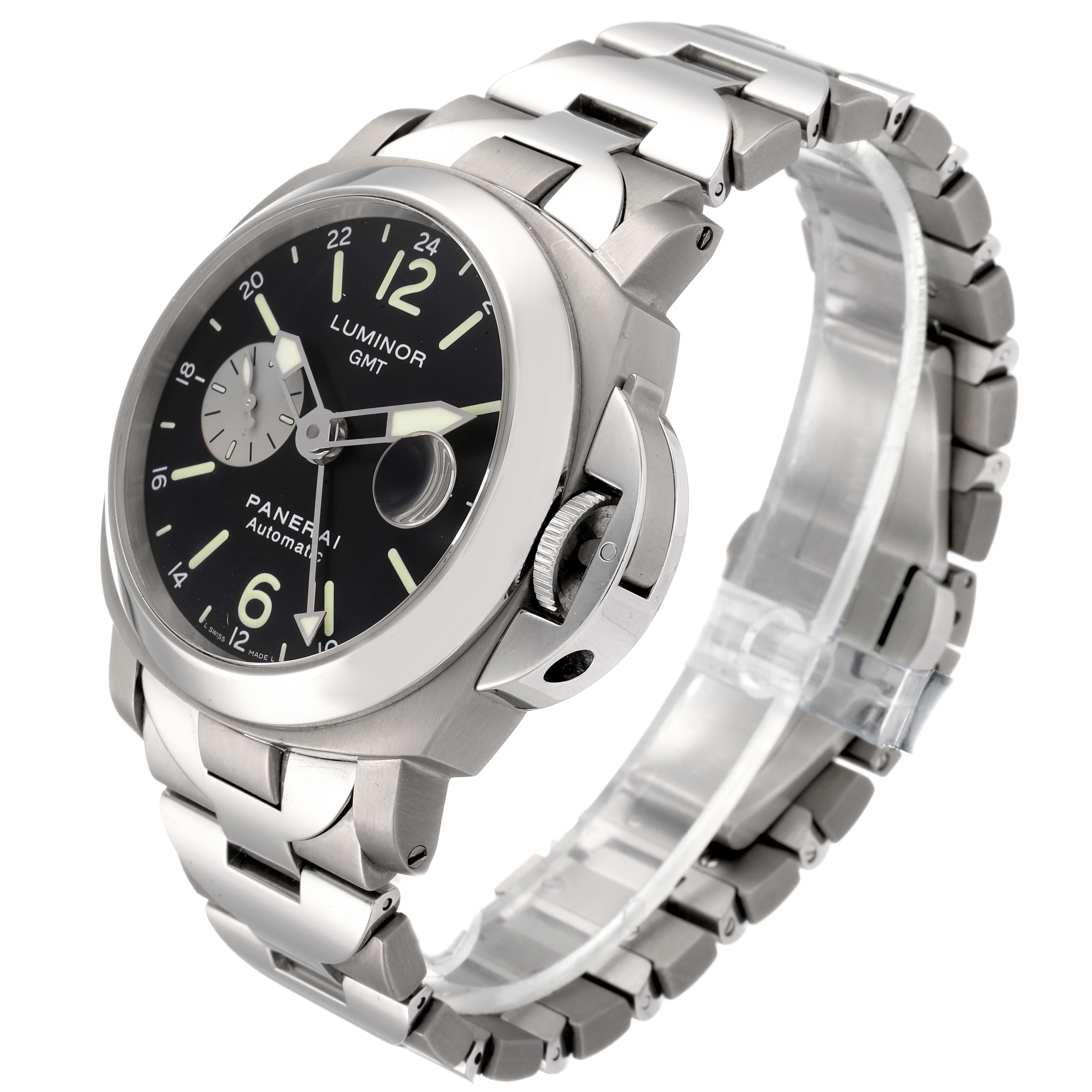 The image shows a Panerai Luminor PAM00161 Men's Stainless Steel Black Dial PAM00161 Men's Stainless Steel Black Dial model watch at a slight angle from the front, highlighting its face, bezel, and bracelet.