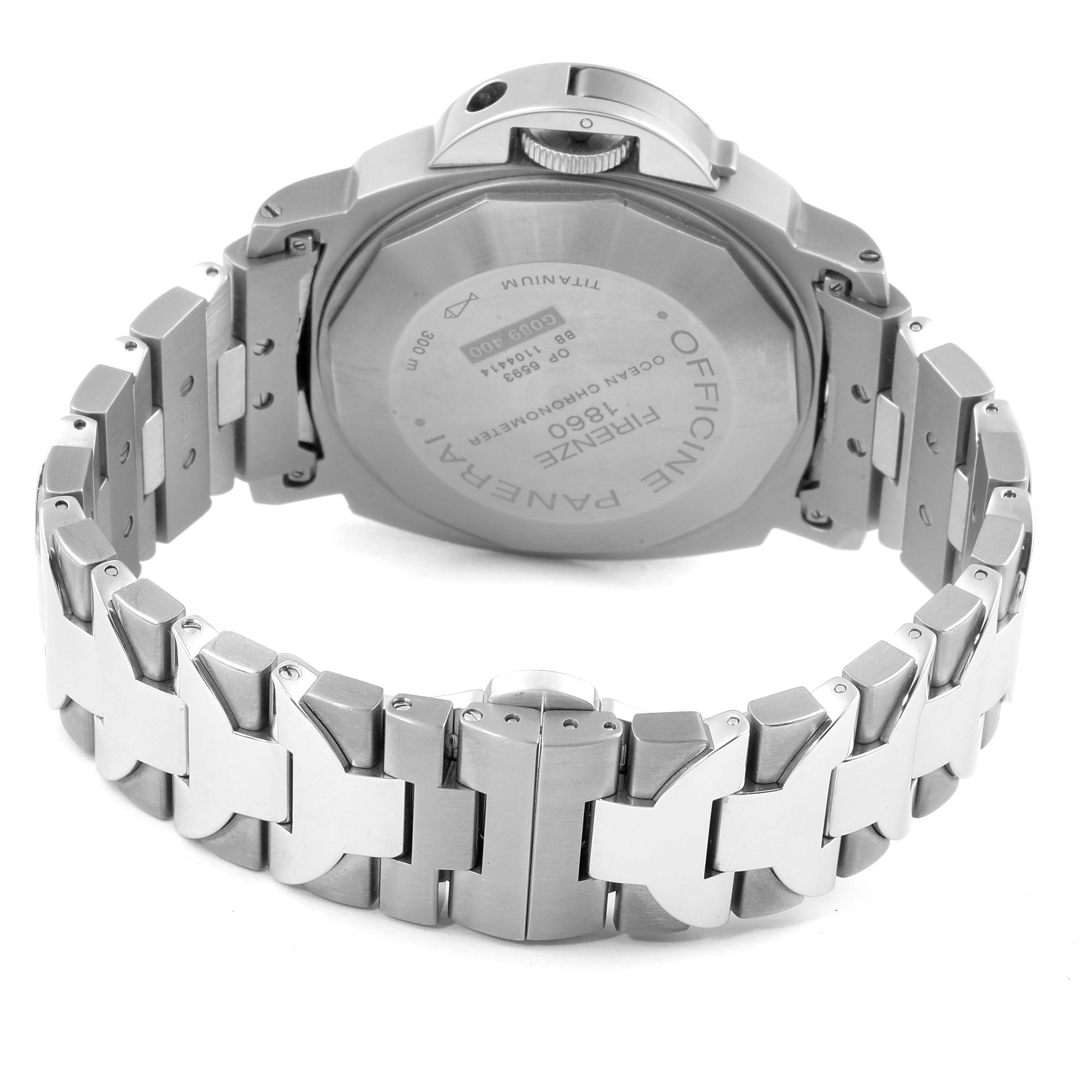 The image shows the back view of the Panerai Luminor PAM00161 Men's Stainless Steel Black Dial PAM00161 Men's Stainless Steel Black Dial watch, including the case back, crown guard, and metal bracelet.