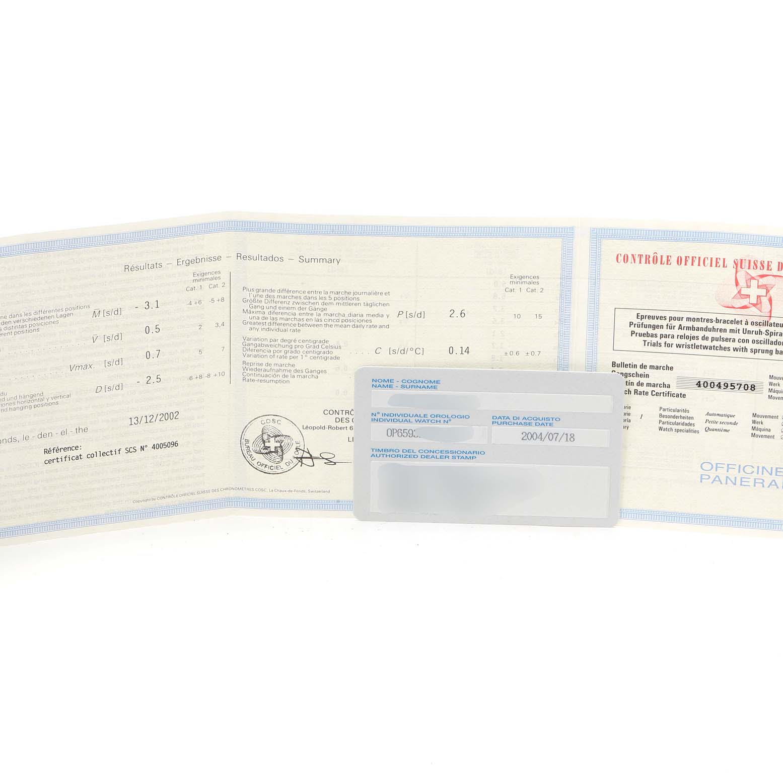 This image shows the warranty card and official documentation for the Panerai Luminor PAM00161 Men's Stainless Steel Black Dial PAM00161 Men's Stainless Steel Black Dial watch model.