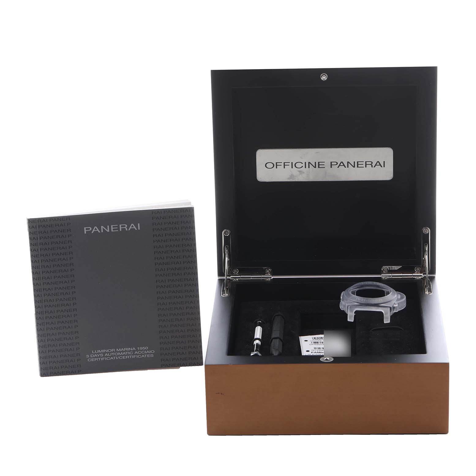 The image shows a Panerai Luminor PAM00359 Men's Stainless Steel Black Dial PAM00359 Men's Stainless Steel Black Dial watch box with a booklet, tools, and a watch case cover.