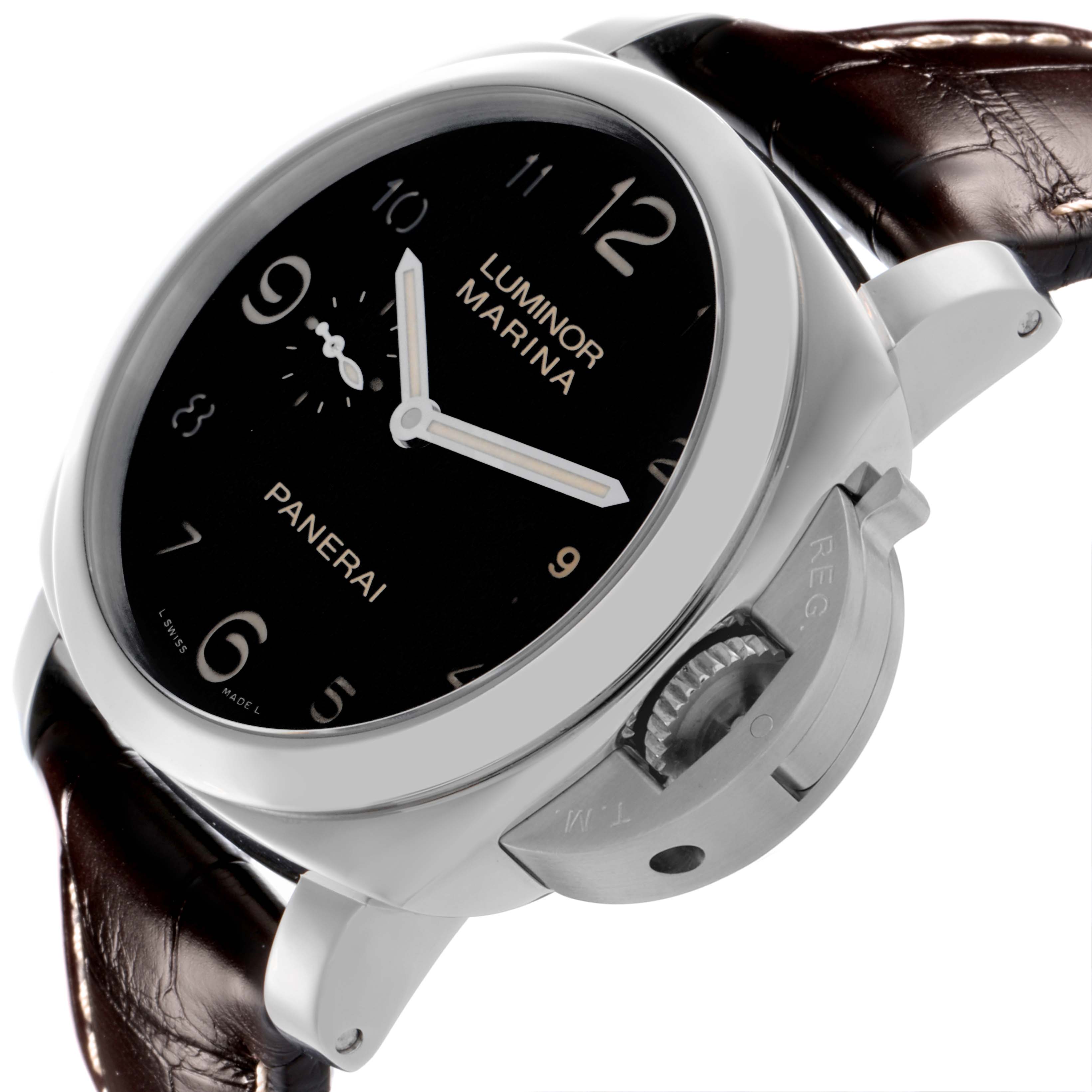 The Panerai Luminor PAM00359 Men's Stainless Steel Black Dial PAM00359 Men's Stainless Steel Black Dial watch is shown at an angle, highlighting the black dial, brown leather strap, and crown protection device.