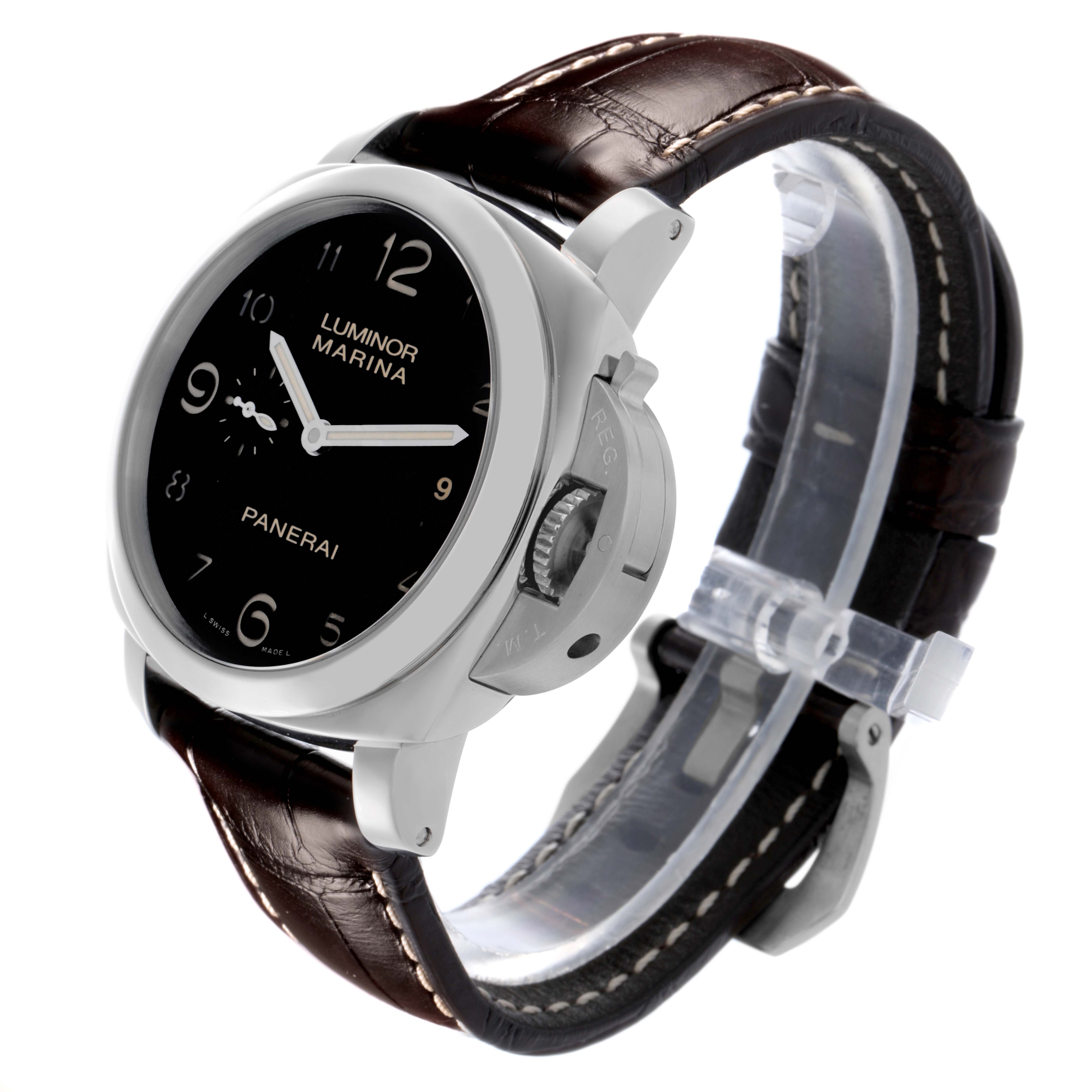 The Panerai Luminor PAM00359 Men's Stainless Steel Black Dial PAM00359 Men's Stainless Steel Black Dial watch is shown at a three-quarter angle, highlighting the face, crown guard, and leather strap.