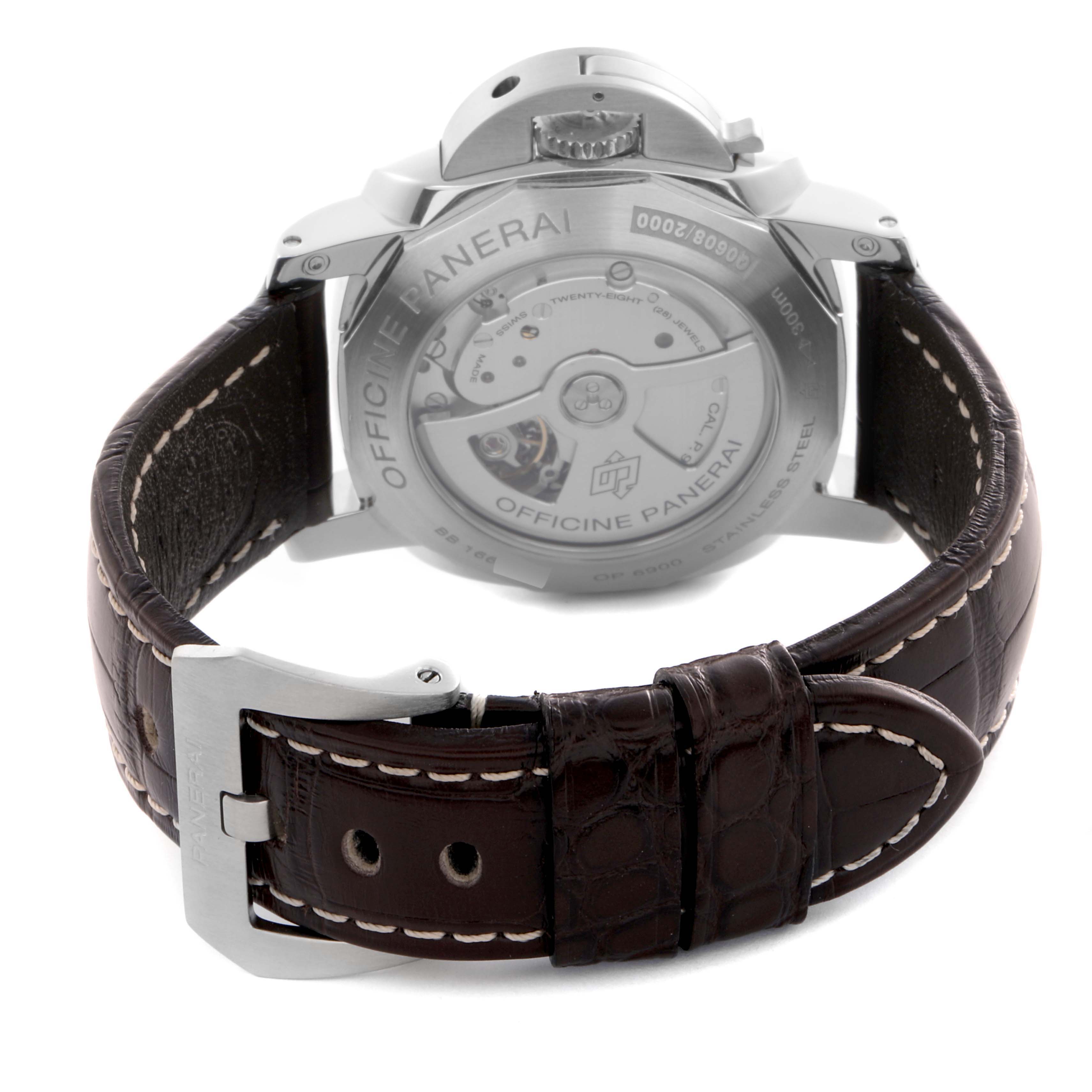 The image shows the back view of a Panerai Luminor PAM00359 Men's Stainless Steel Black Dial PAM00359 Men's Stainless Steel Black Dial watch, highlighting the case back, movement, and leather strap.