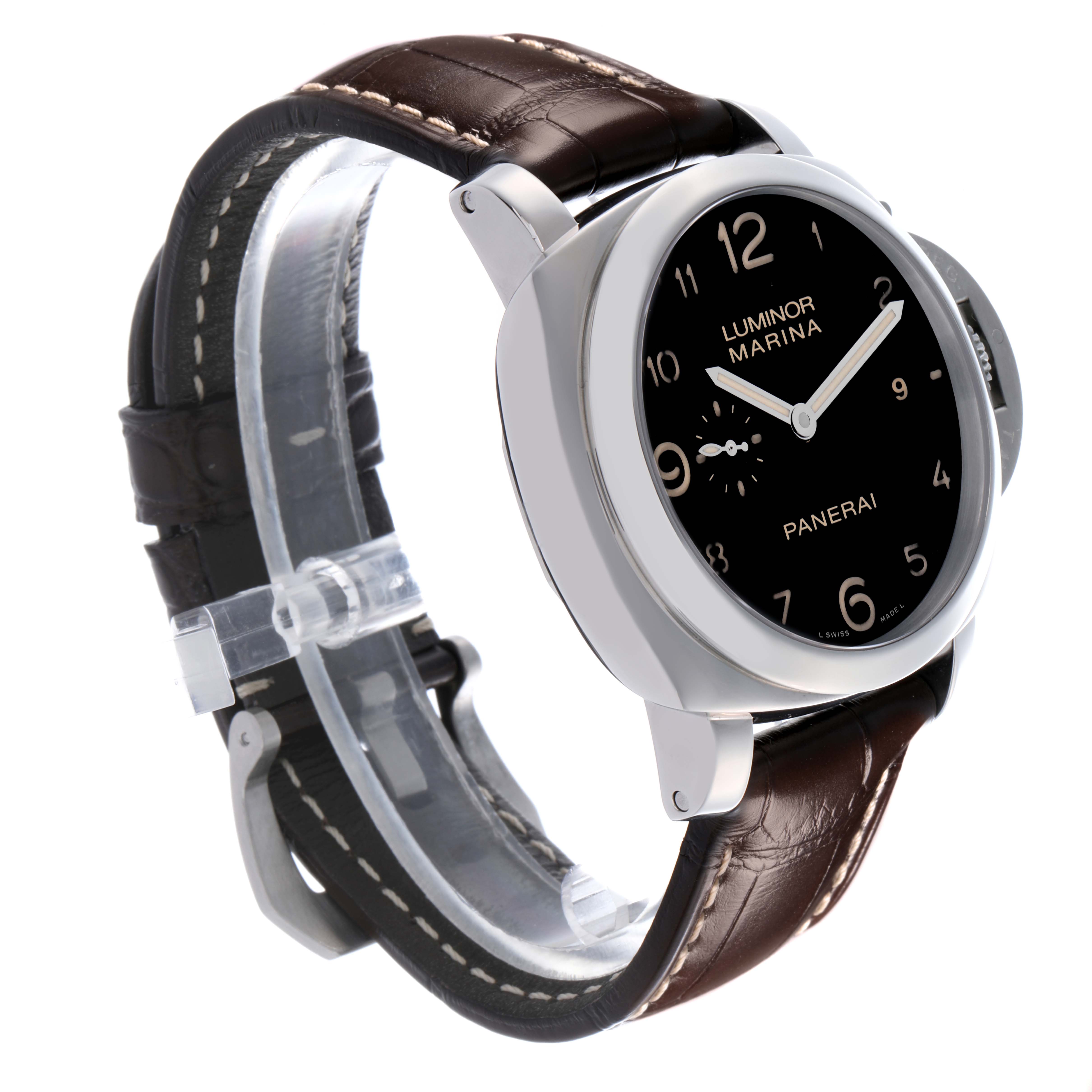 The Panerai Luminor PAM00359 Men's Stainless Steel Black Dial PAM00359 Men's Stainless Steel Black Dial watch is shown at a side angle, highlighting its face, crown guard, and brown leather strap.