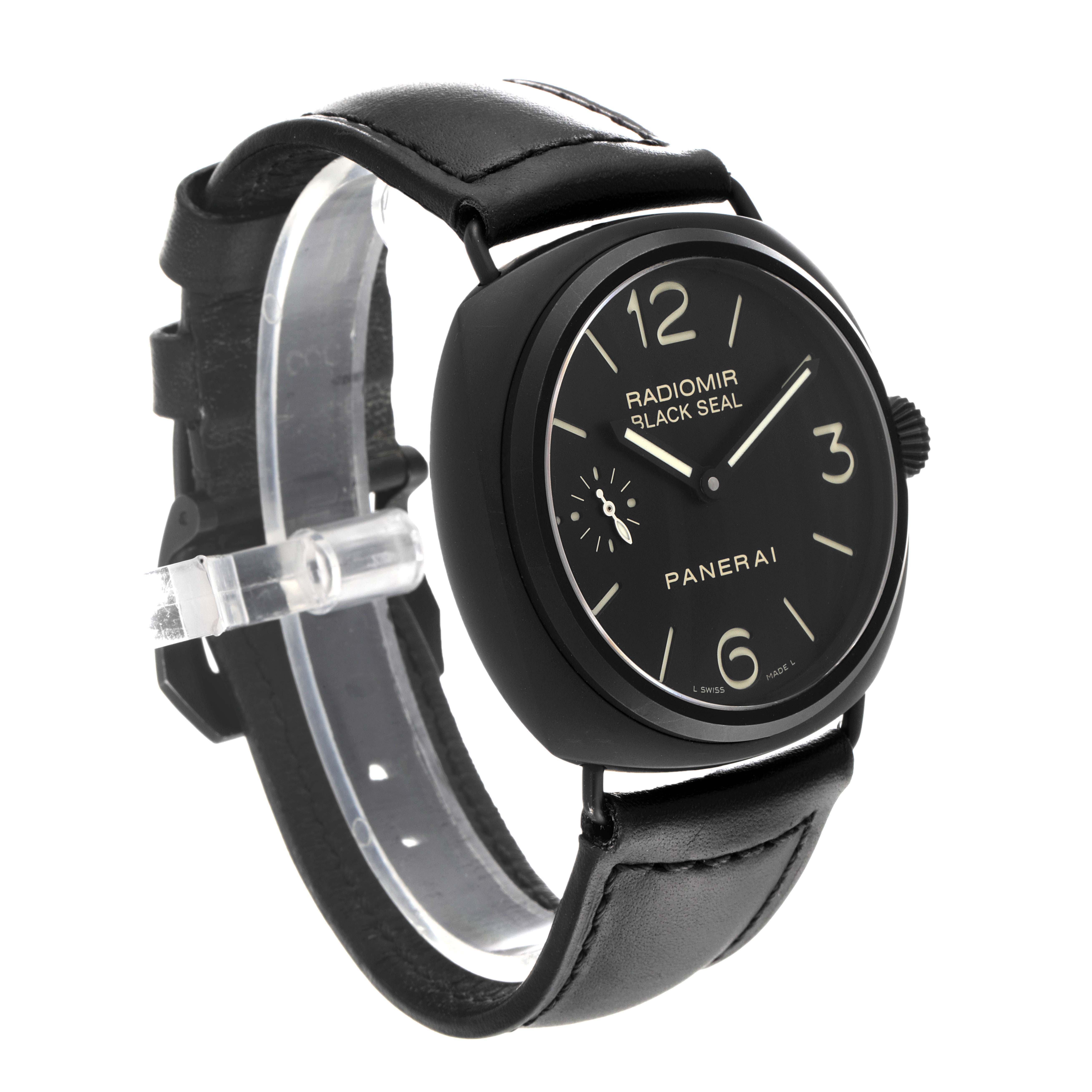 The image shows a Panerai Radiomir PAM00292 Men's Ceramic Black Dial PAM00292 Men's Ceramic Black Dial watch at a slightly angled side view, highlighting its black dial and leather strap.