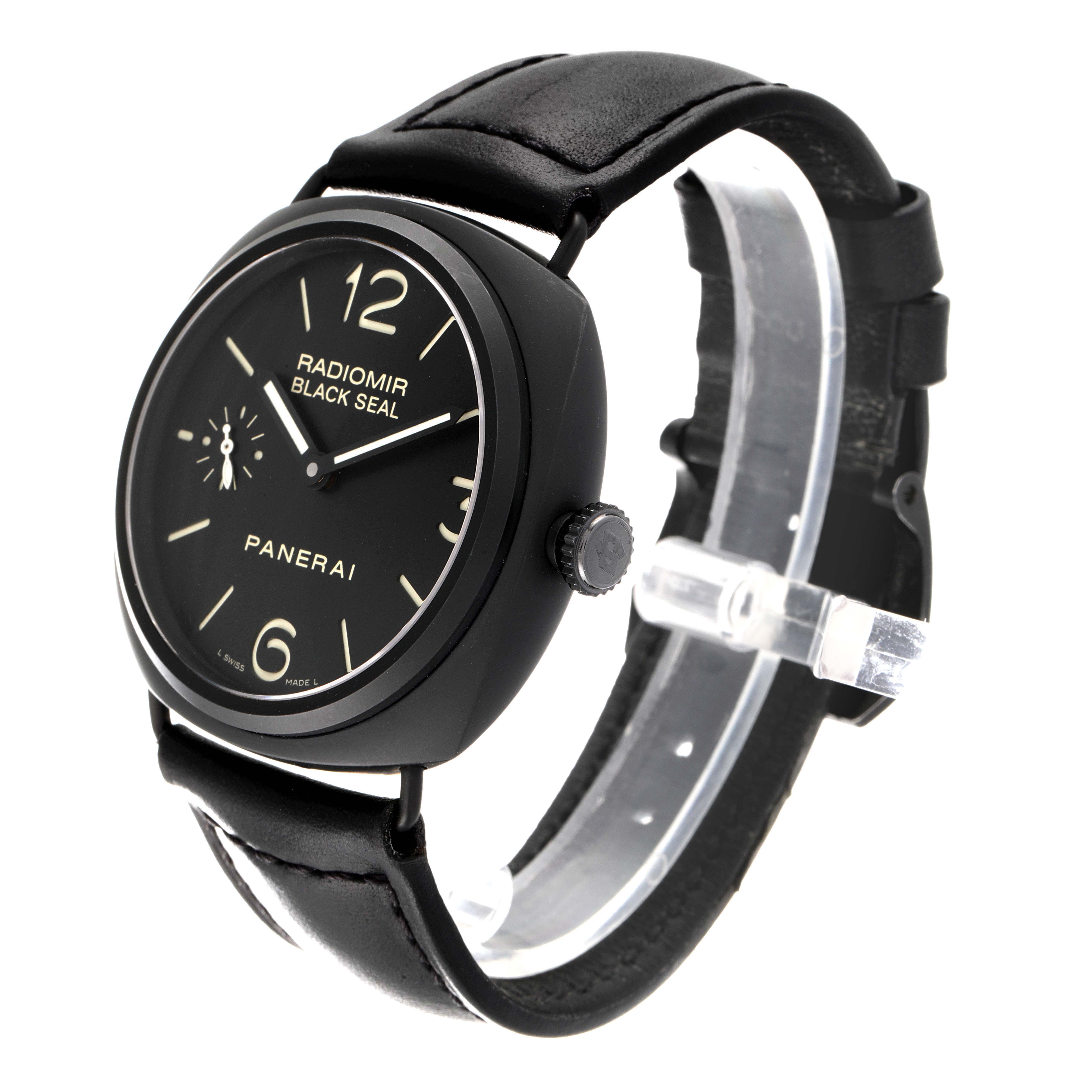 The Panerai Radiomir PAM00292 Men's Ceramic Black Dial PAM00292 Men's Ceramic Black Dial watch is shown at an angle highlighting the front dial, crown, and leather strap.