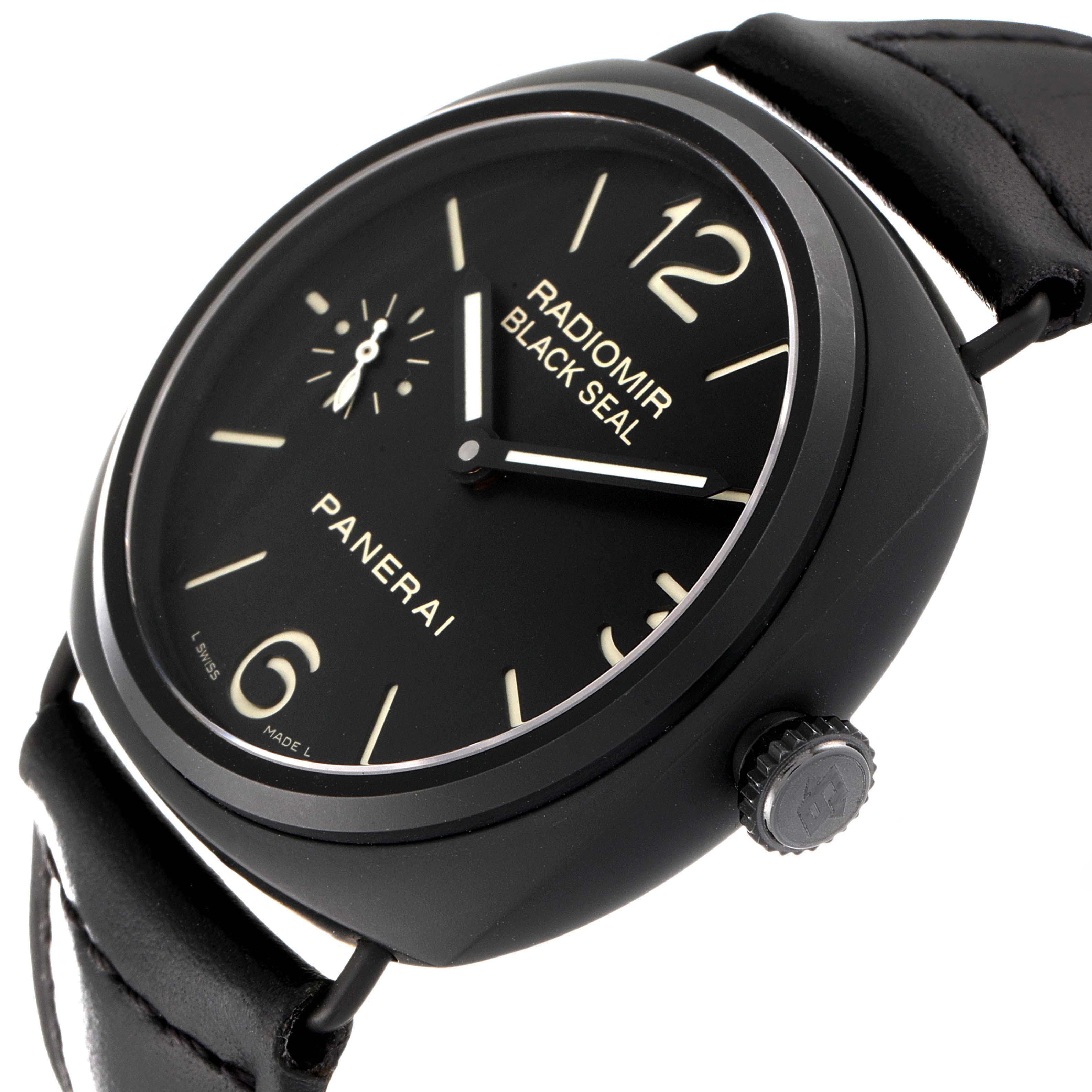 This image shows a Panerai Radiomir PAM00292 Men's Ceramic Black Dial PAM00292 Men's Ceramic Black Dial Black Seal watch at an angled view, highlighting the dial, crown, and leather strap.