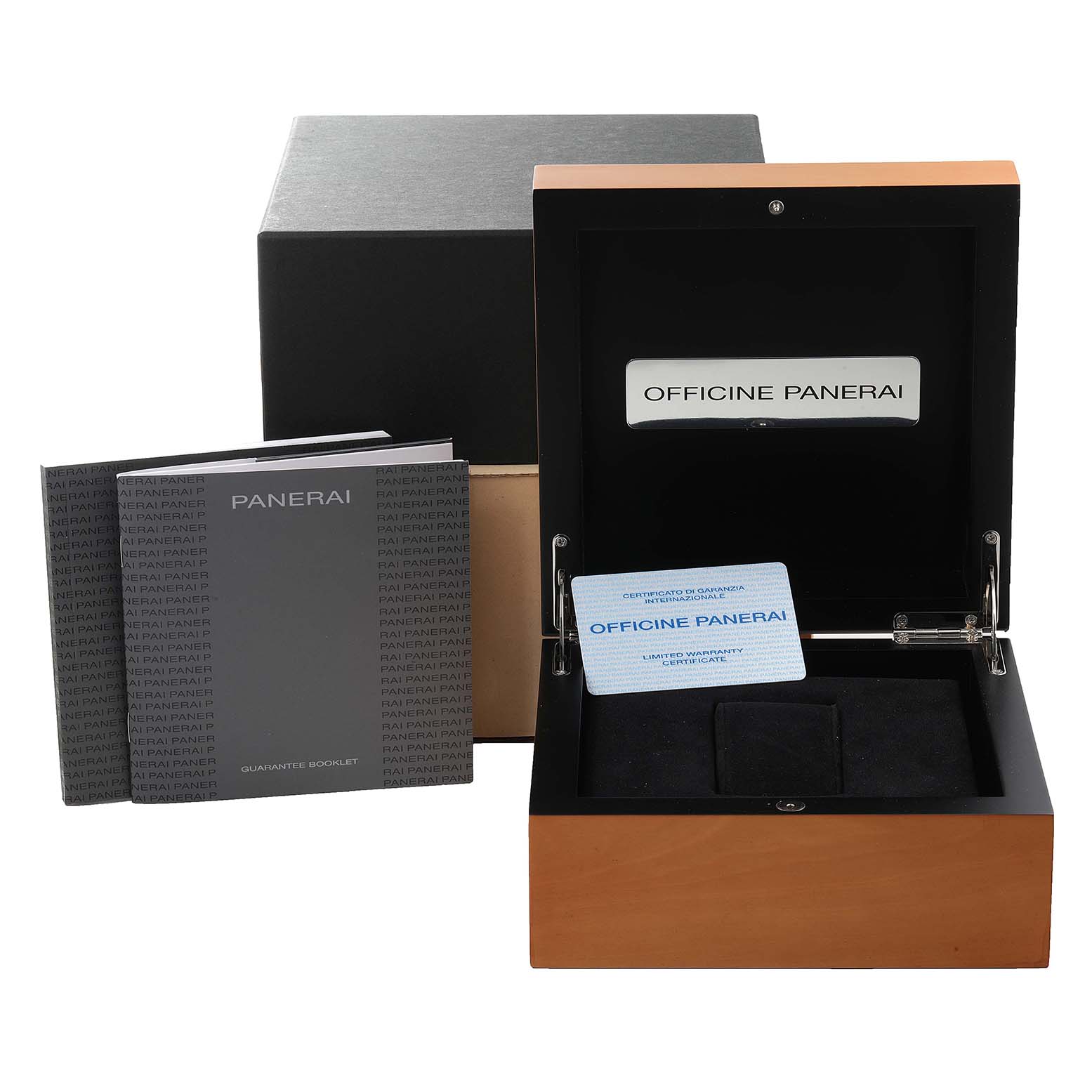 This image shows the Radiomir model by Panerai's presentation box, guarantee booklet, and warranty certificate viewed from the front.