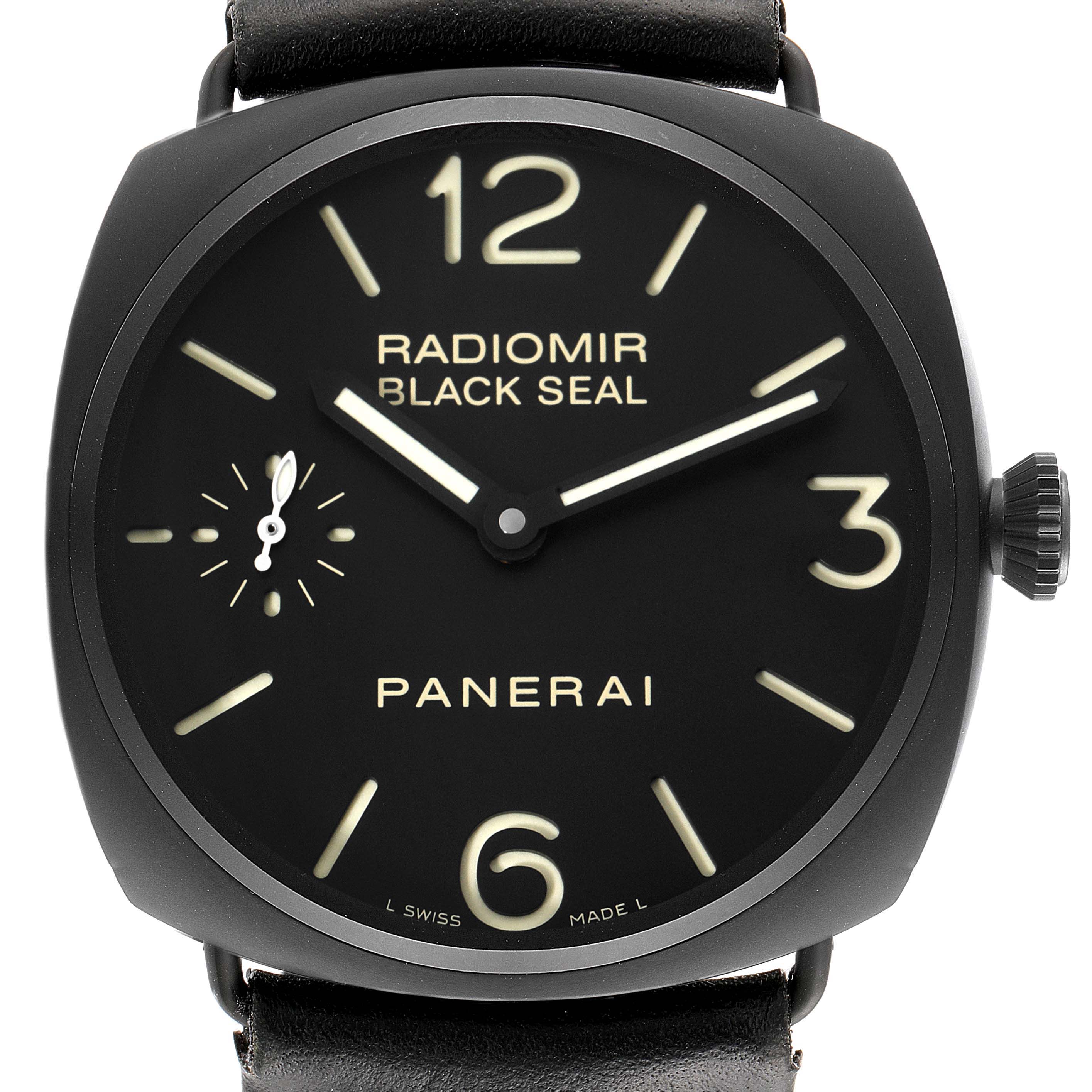 The image shows a front view of the Panerai Radiomir PAM00292 Men's Ceramic Black Dial PAM00292 Men's Ceramic Black Dial Black Seal watch, showcasing its dial, hands, and crown.