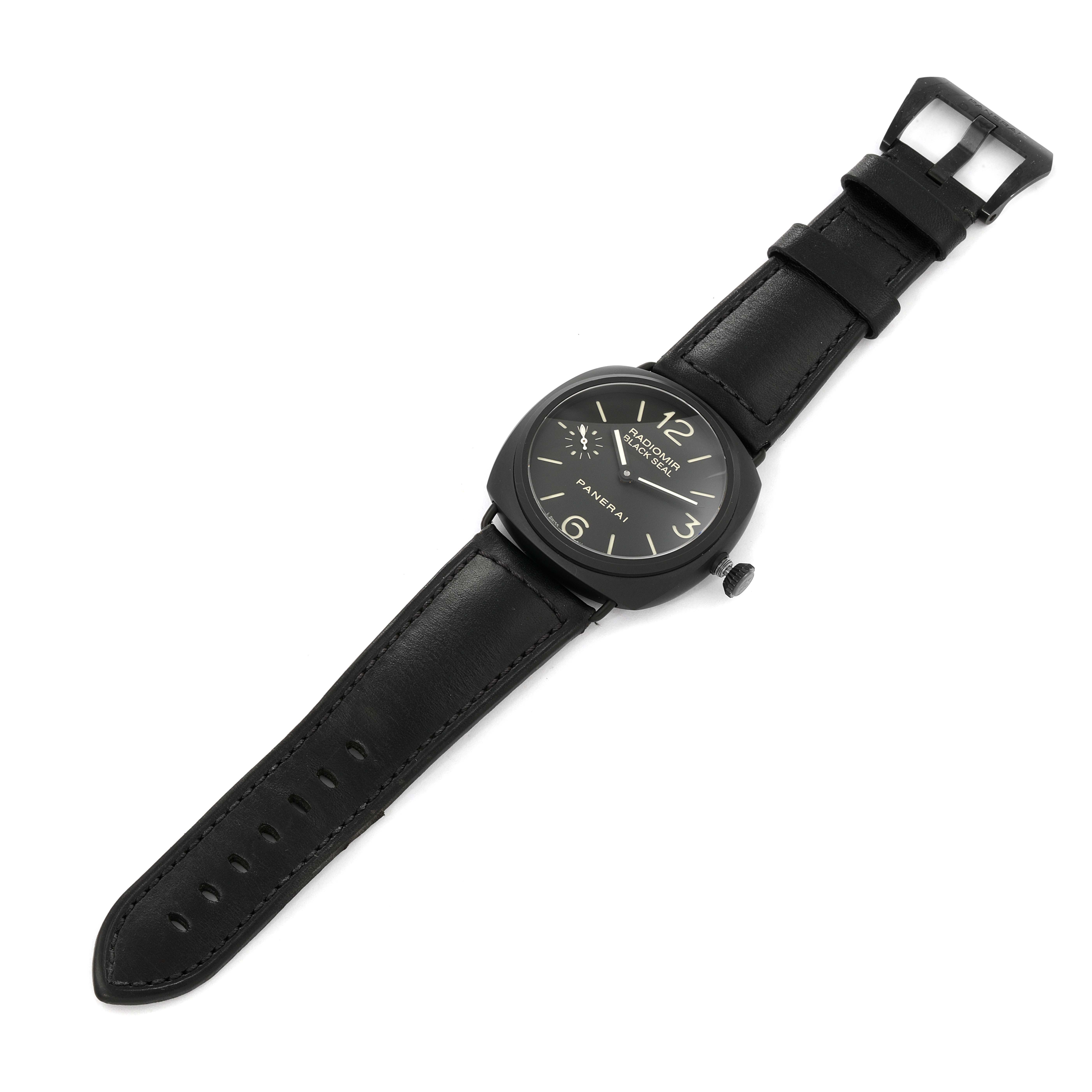 The image shows a top-down view of a Panerai Radiomir PAM00292 Men's Ceramic Black Dial PAM00292 Men's Ceramic Black Dial watch, displaying its black dial, leather strap, and buckle.
