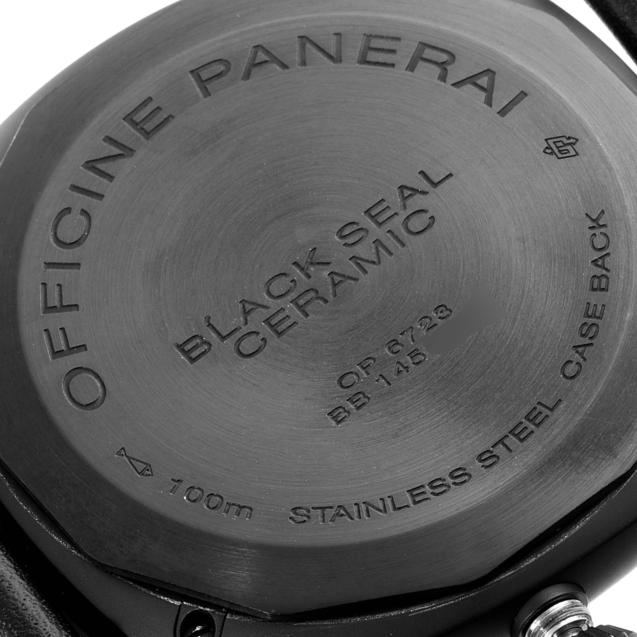 The image shows the back cover of a Panerai Radiomir PAM00292 Men's Ceramic Black Dial PAM00292 Men's Ceramic Black Dial Black Seal Ceramic watch, highlighting its material and water resistance.