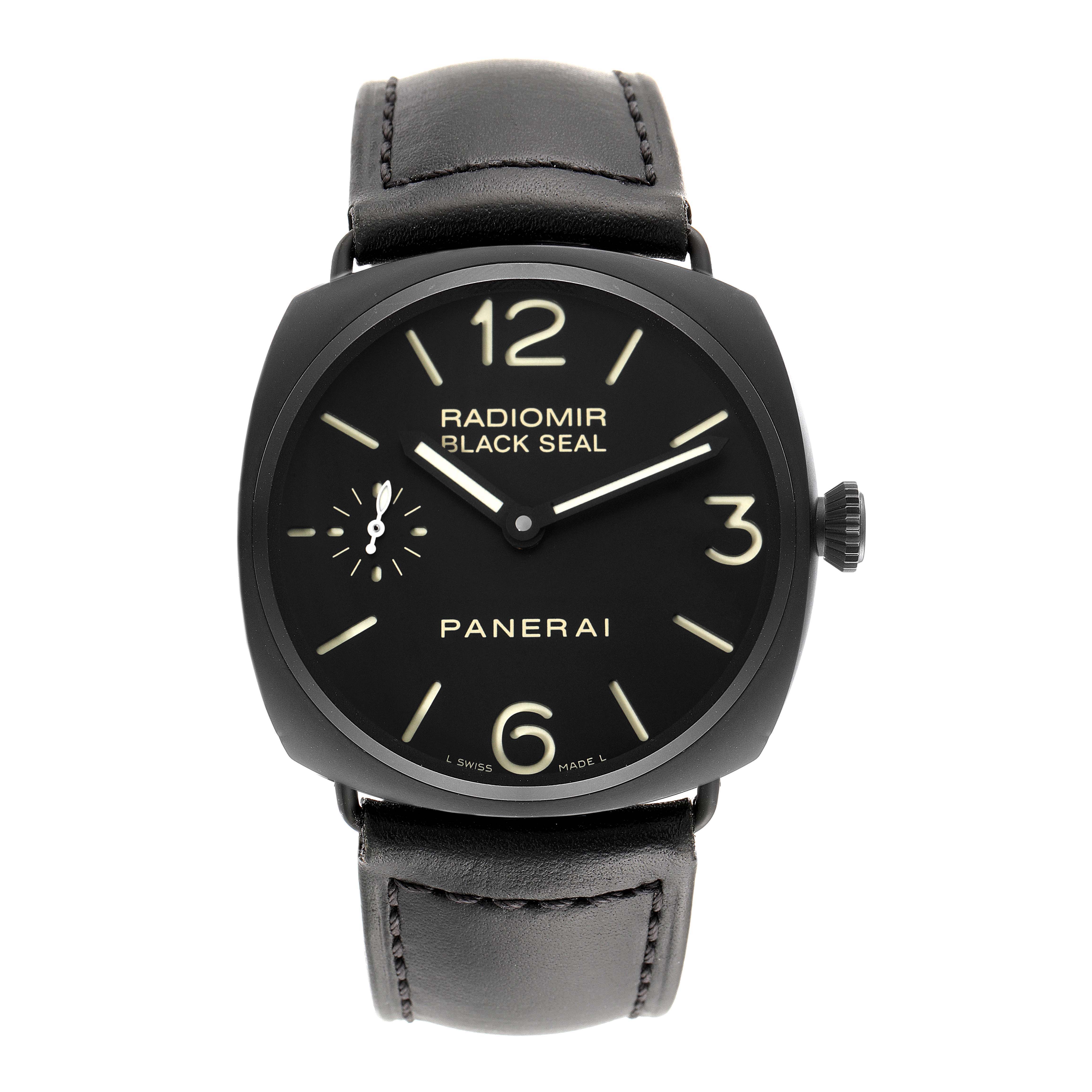 The Panerai Radiomir PAM00292 Men's Ceramic Black Dial PAM00292 Men's Ceramic Black Dial watch is shown in a front view, highlighting the dial, hour markers, hands, and leather strap.