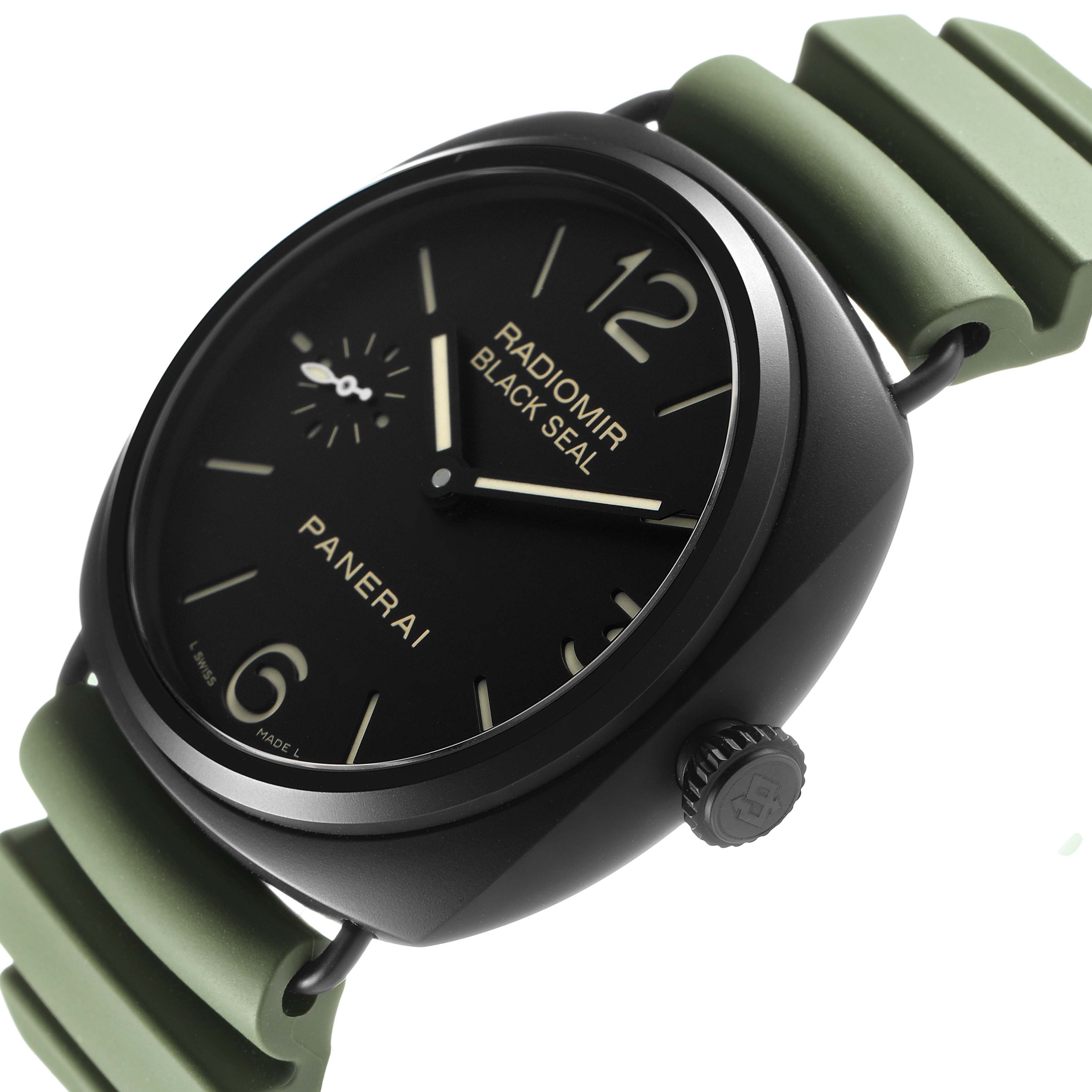 The Panerai Radiomir PAM00292 Men's Ceramic Black Dial watch is shown at a slightly tilted angle, displaying its face, crown, and green strap.