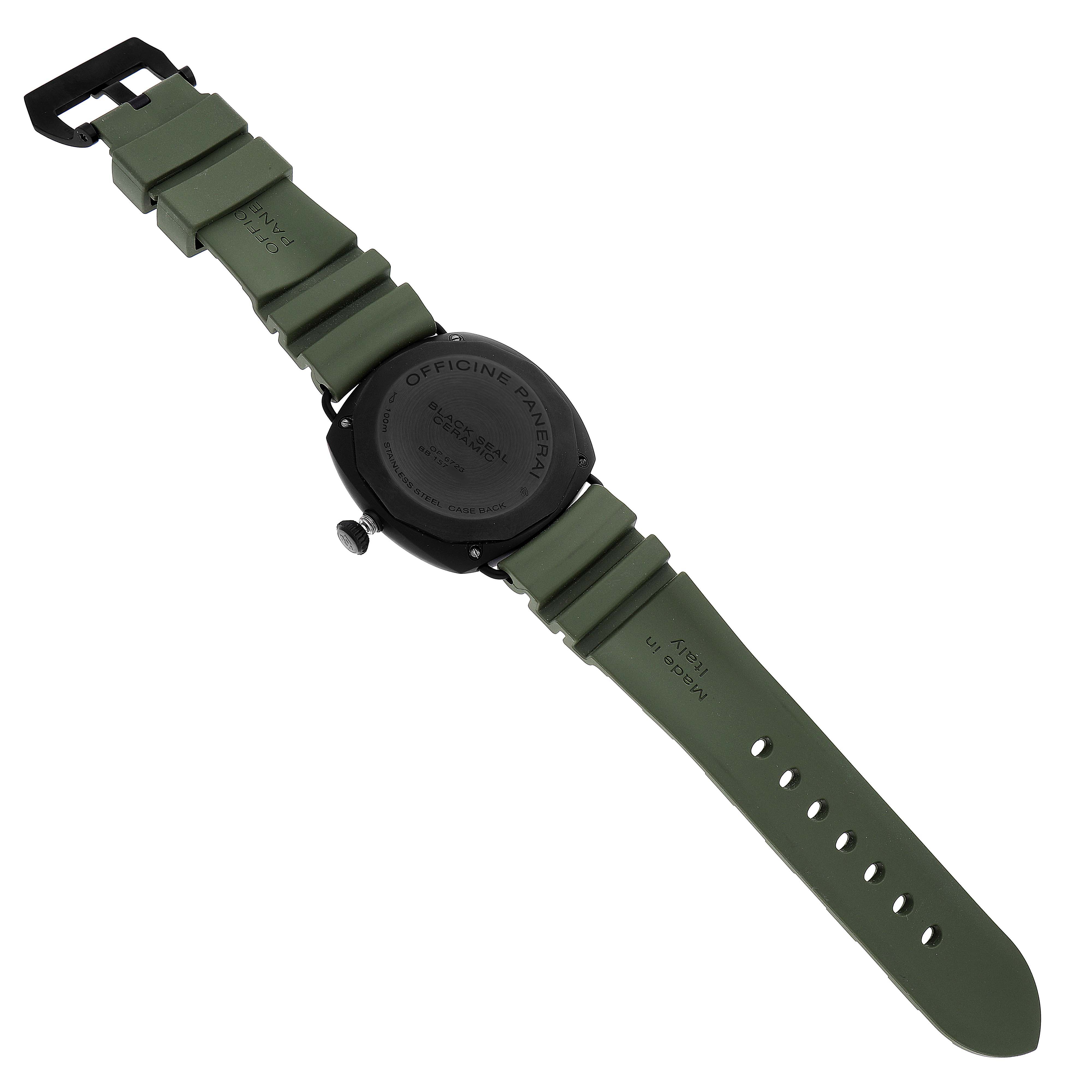 The Panerai Radiomir PAM00292 Men's Ceramic Black Dial watch is shown from the back, highlighting the case back, strap, and buckle.