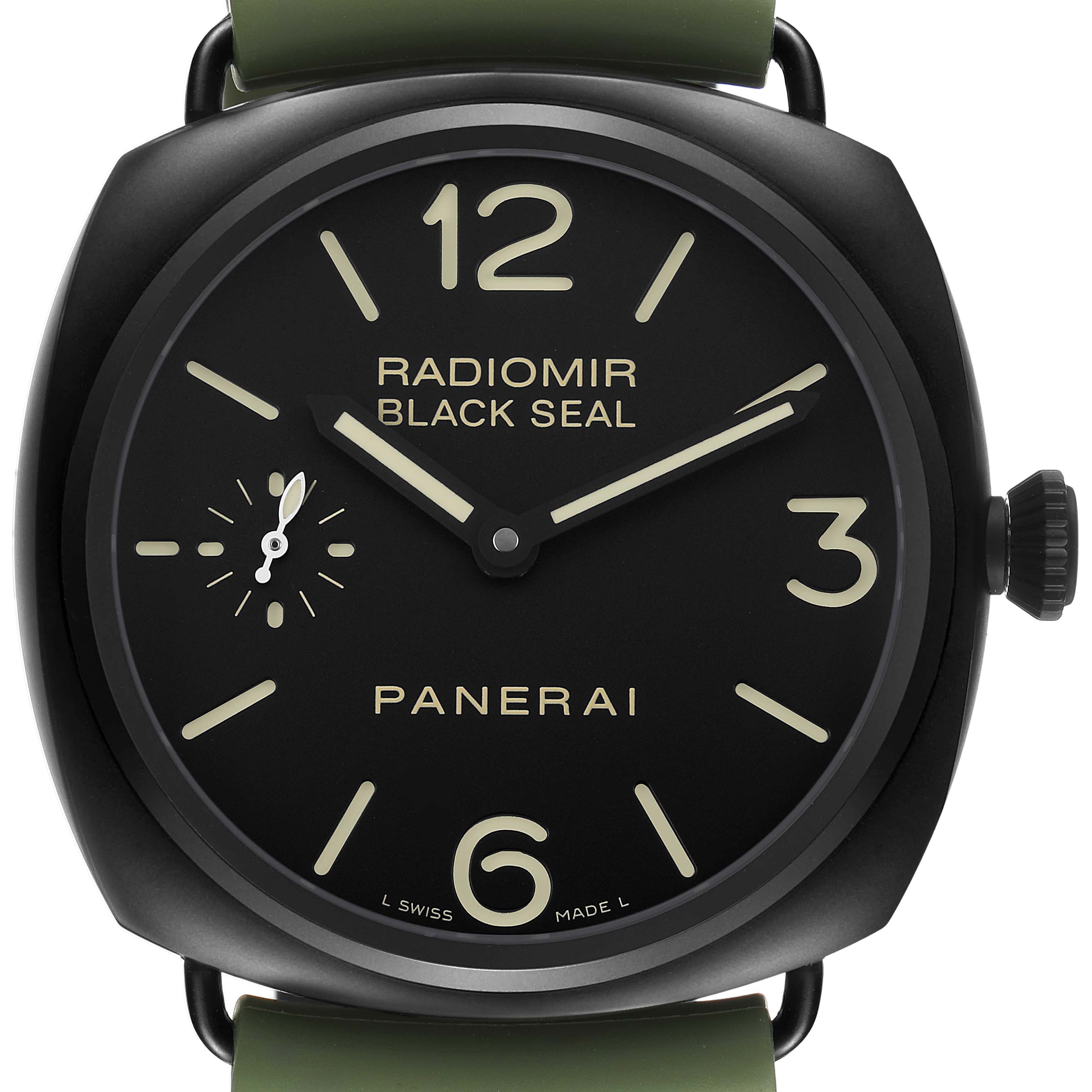 The Panerai Radiomir PAM00292 Men's Ceramic Black Dial watch is shown from the front, displaying the dial, hands, and a portion of the strap.