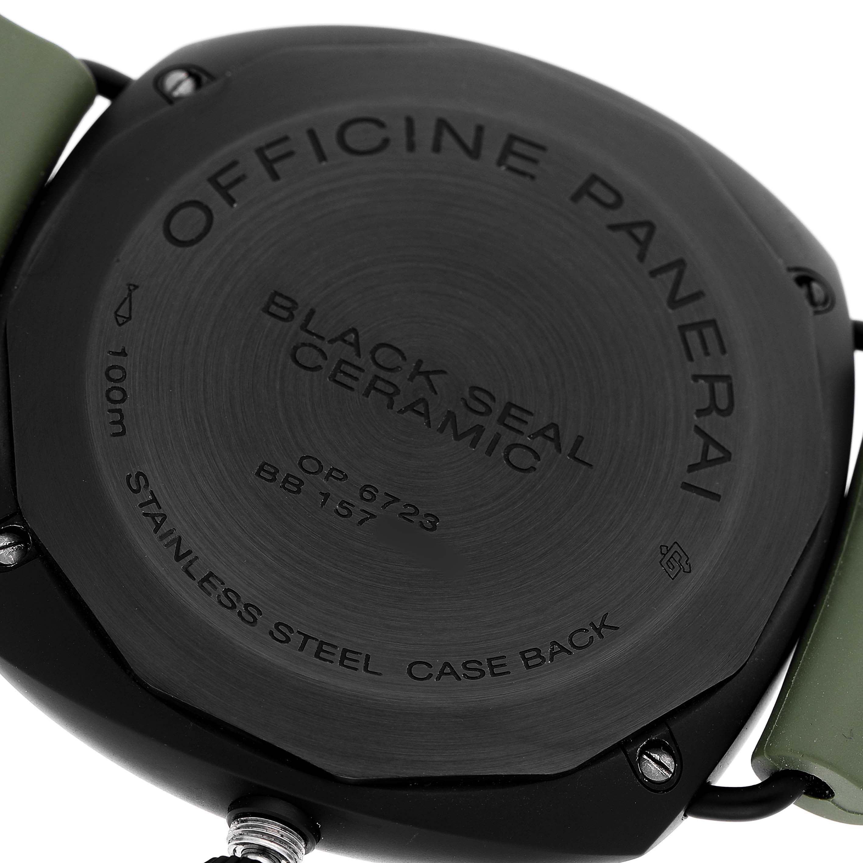 The image shows the back case of a Panerai Radiomir PAM00292 Men's Ceramic Black Dial Black Seal Ceramic watch, highlighting the brand engraving and material details.