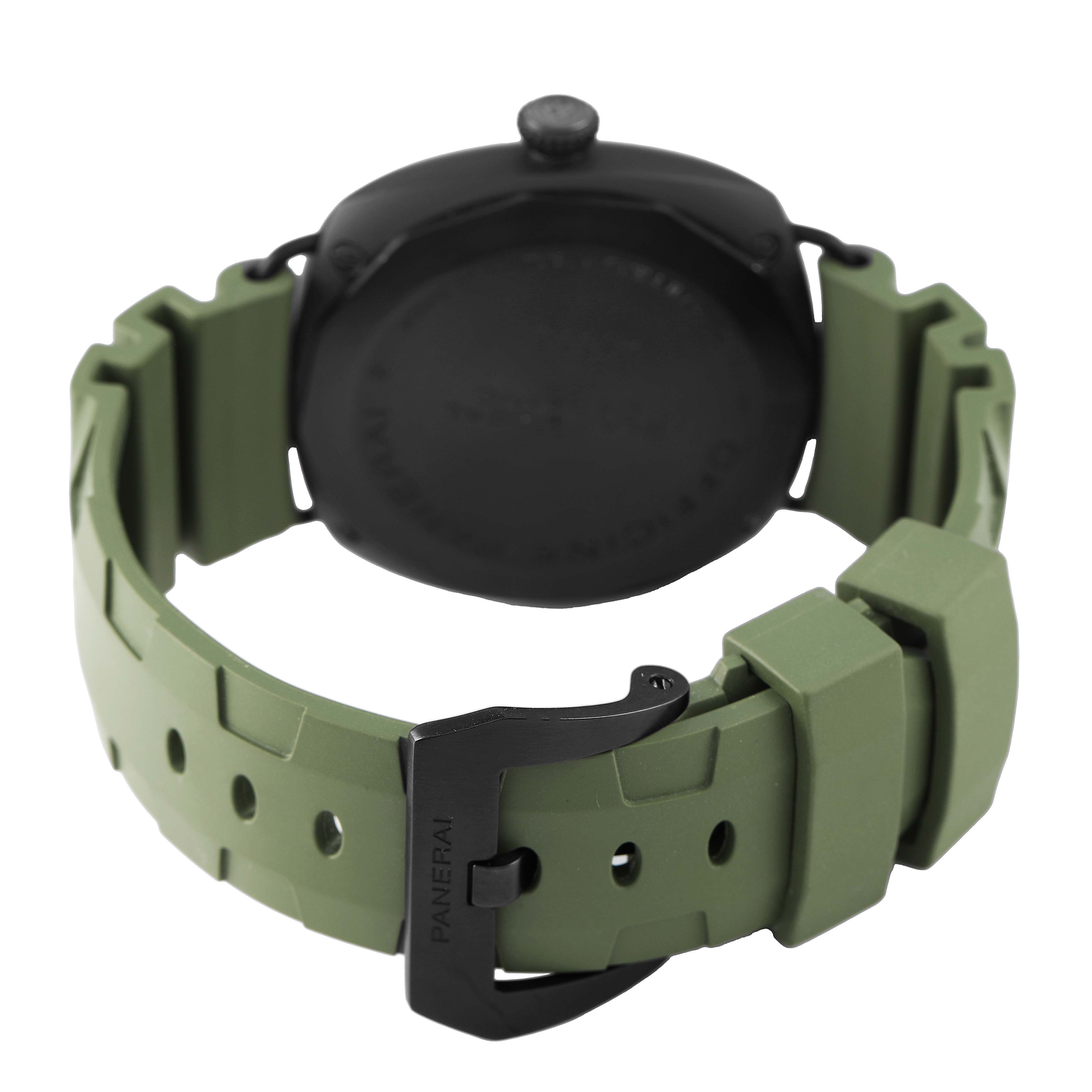 The image shows the back view of a Panerai Radiomir PAM00292 Men's Ceramic Black Dial watch, featuring its black caseback and green strap with buckle.