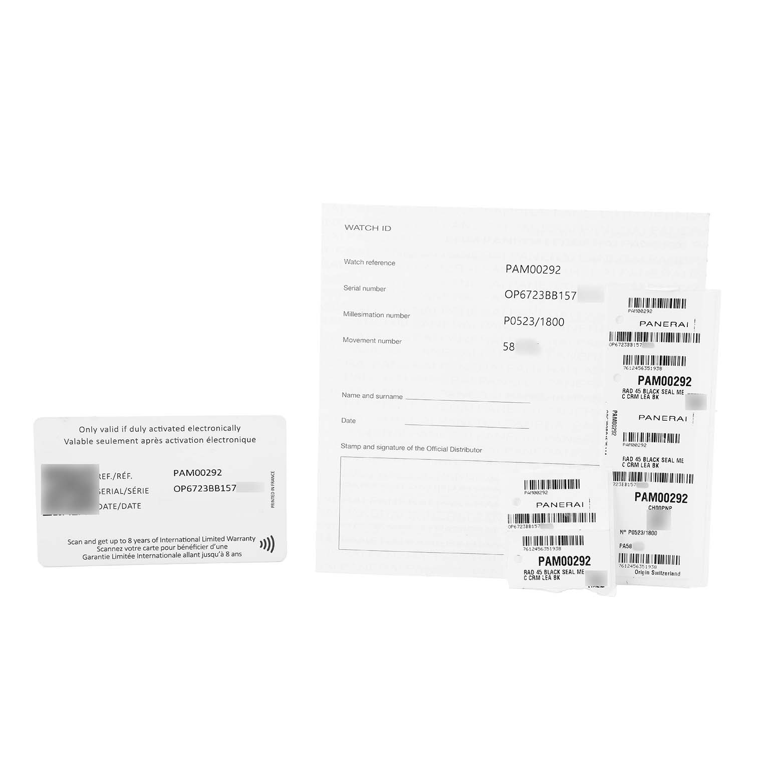 This image shows the warranty card and documentation for the Panerai Radiomir PAM00292 Men's Ceramic Black Dial model.