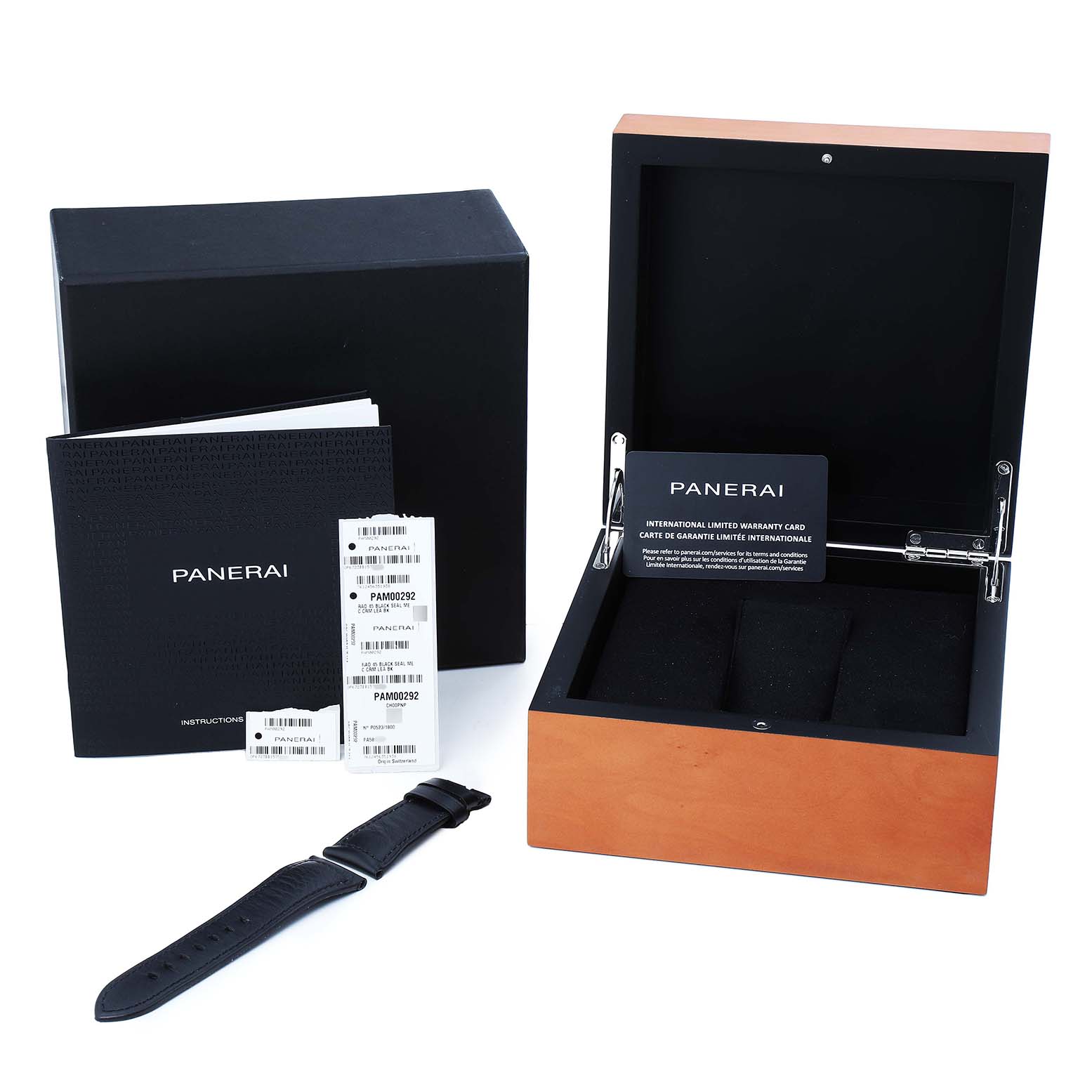The image shows the Panerai Radiomir PAM00292 Men's Ceramic Black Dial watch accessories, including an open box, warranty card, instructions, and a strap.