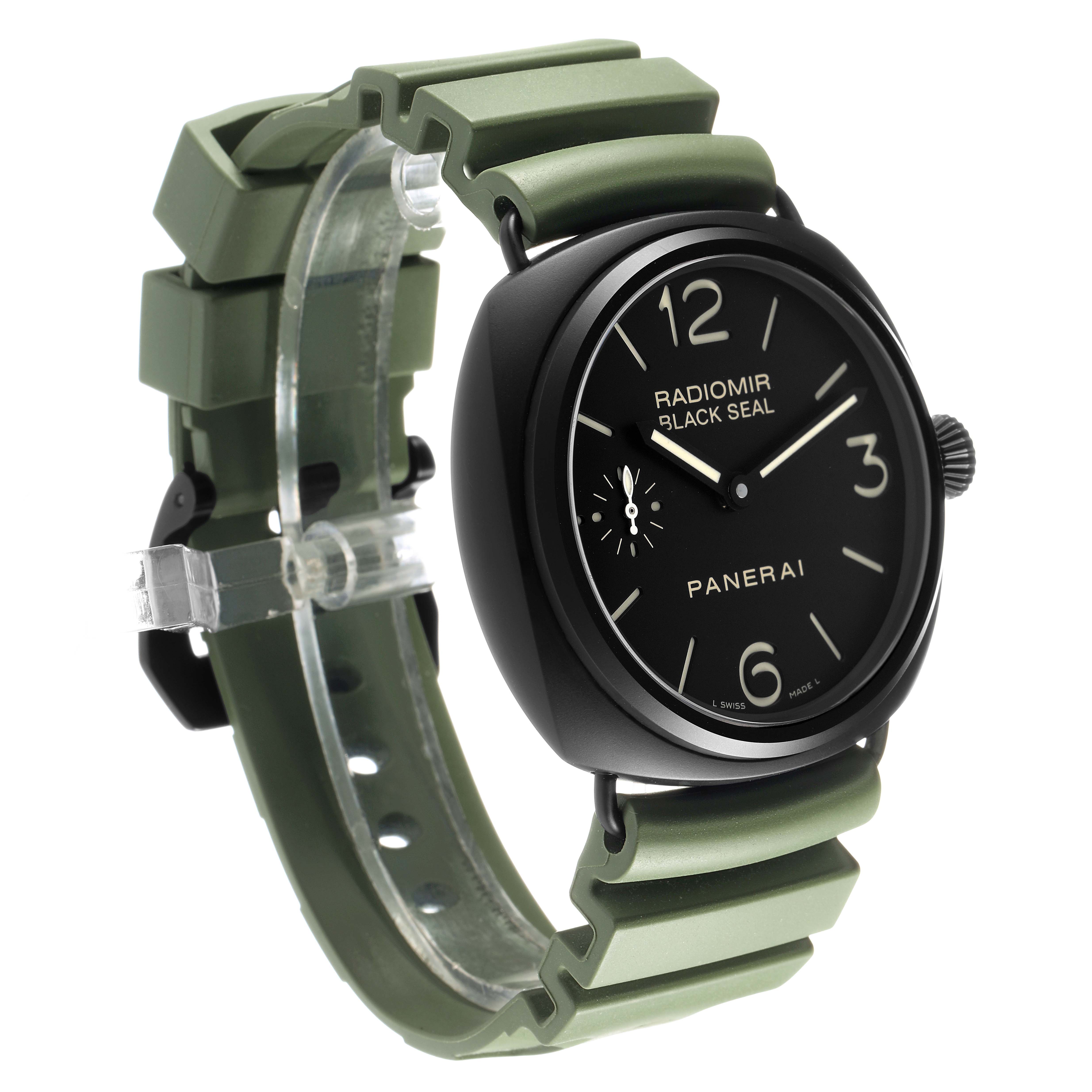The Panerai Radiomir PAM00292 Men's Ceramic Black Dial watch is shown at a three-quarter angle, highlighting the dial, case, crown, and olive green strap.