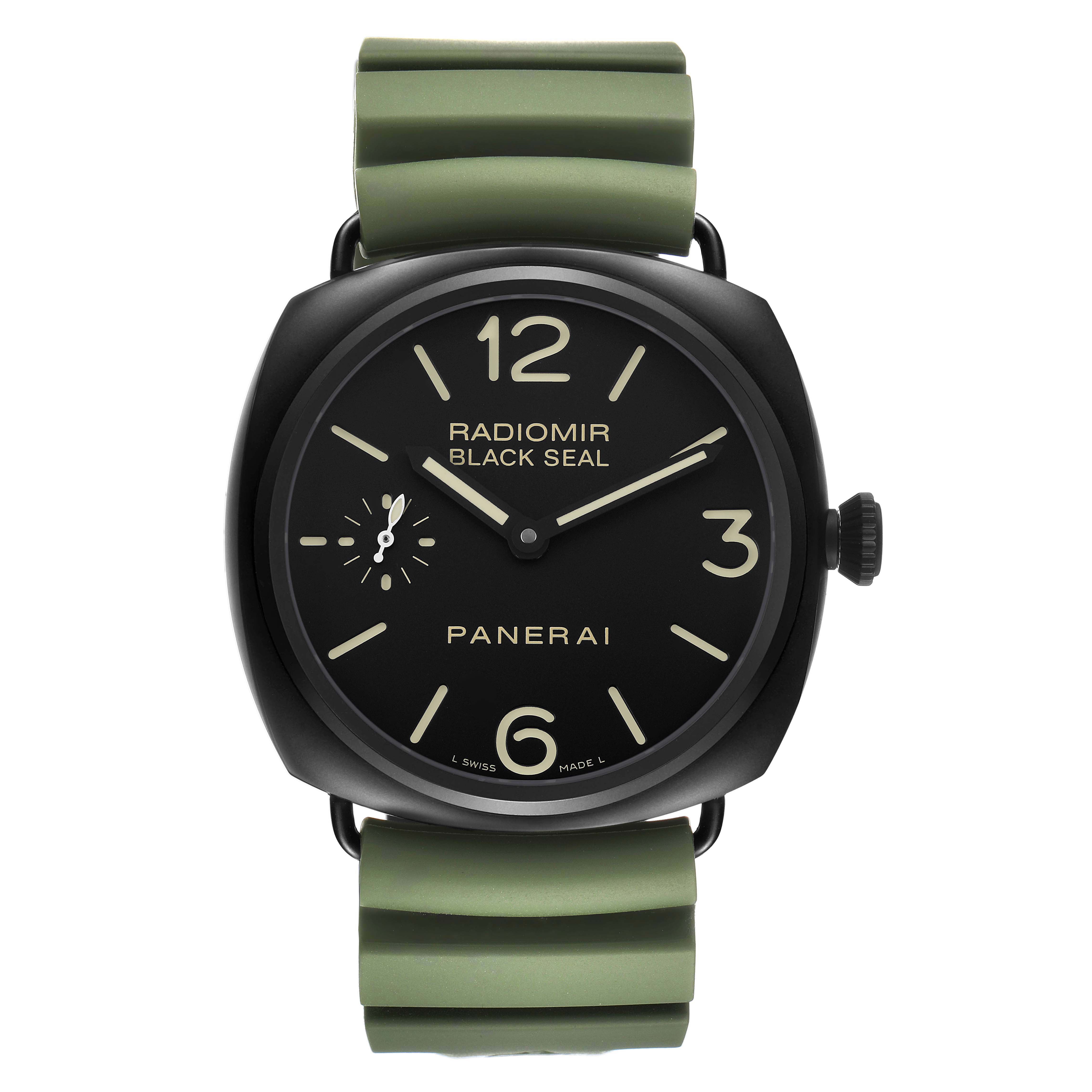 The image shows a front view of the Panerai Radiomir PAM00292 Men's Ceramic Black Dial watch, highlighting its dial, hands, and green strap.