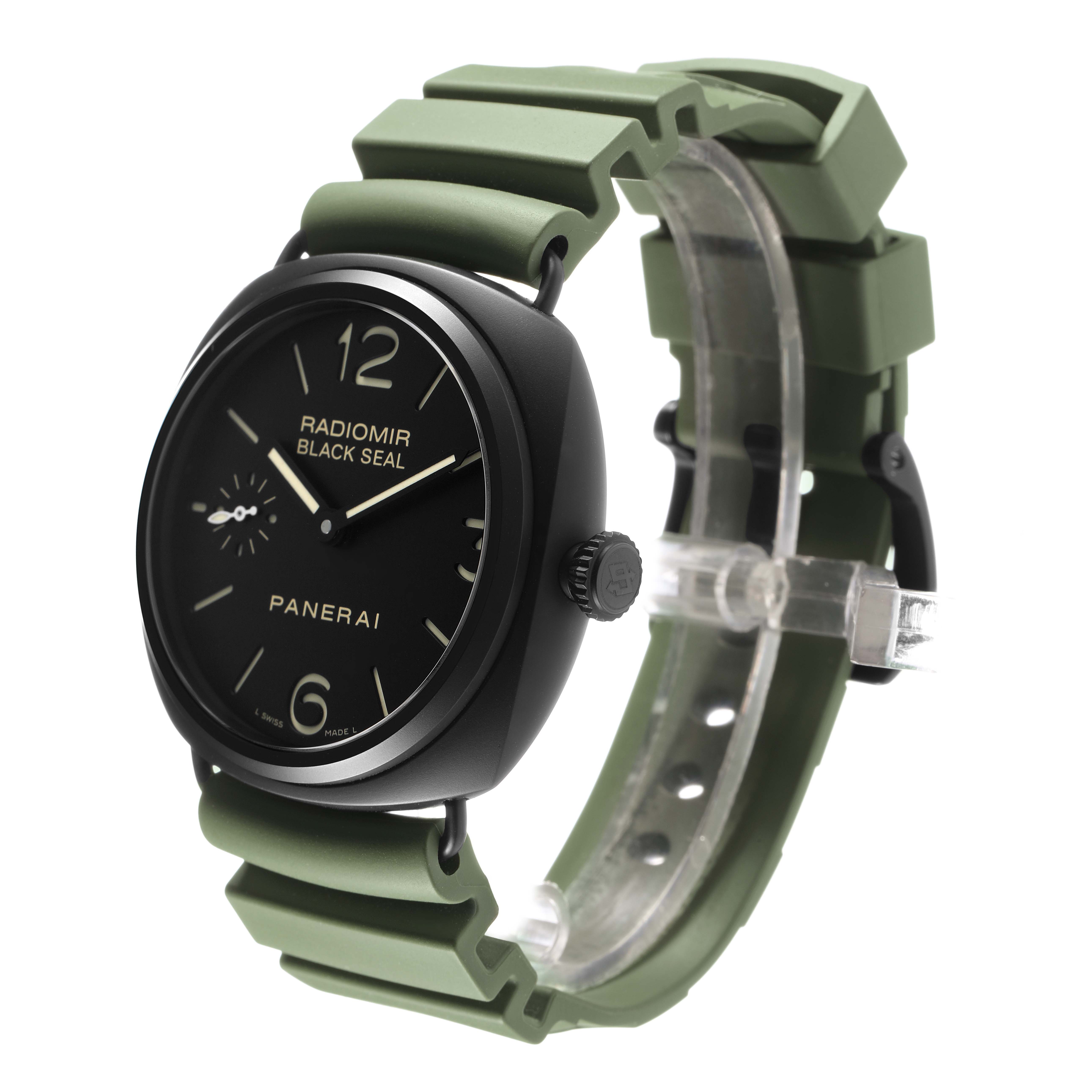 The Panerai Radiomir PAM00292 Men's Ceramic Black Dial watch is shown at an angled side view, highlighting the face, case, crown, and green strap.
