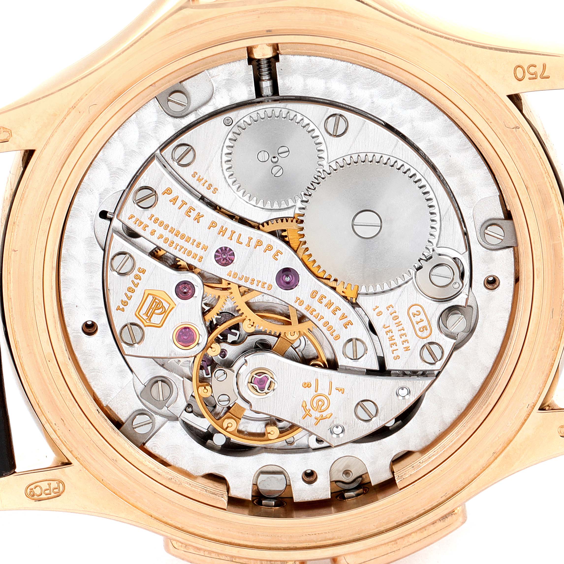 This image shows the intricate mechanical movement from the back of a Patek Philippe Calatrava 4934R Women's Rose Gold Mother of Pearl Dial 4934R Women's Rose Gold Mother of Pearl Dial watch.
