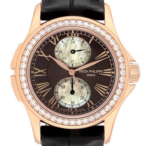 Photo of Patek Philippe Calatrava Travel Time Rose Gold Mother of Pearl Diamond Watch 4934