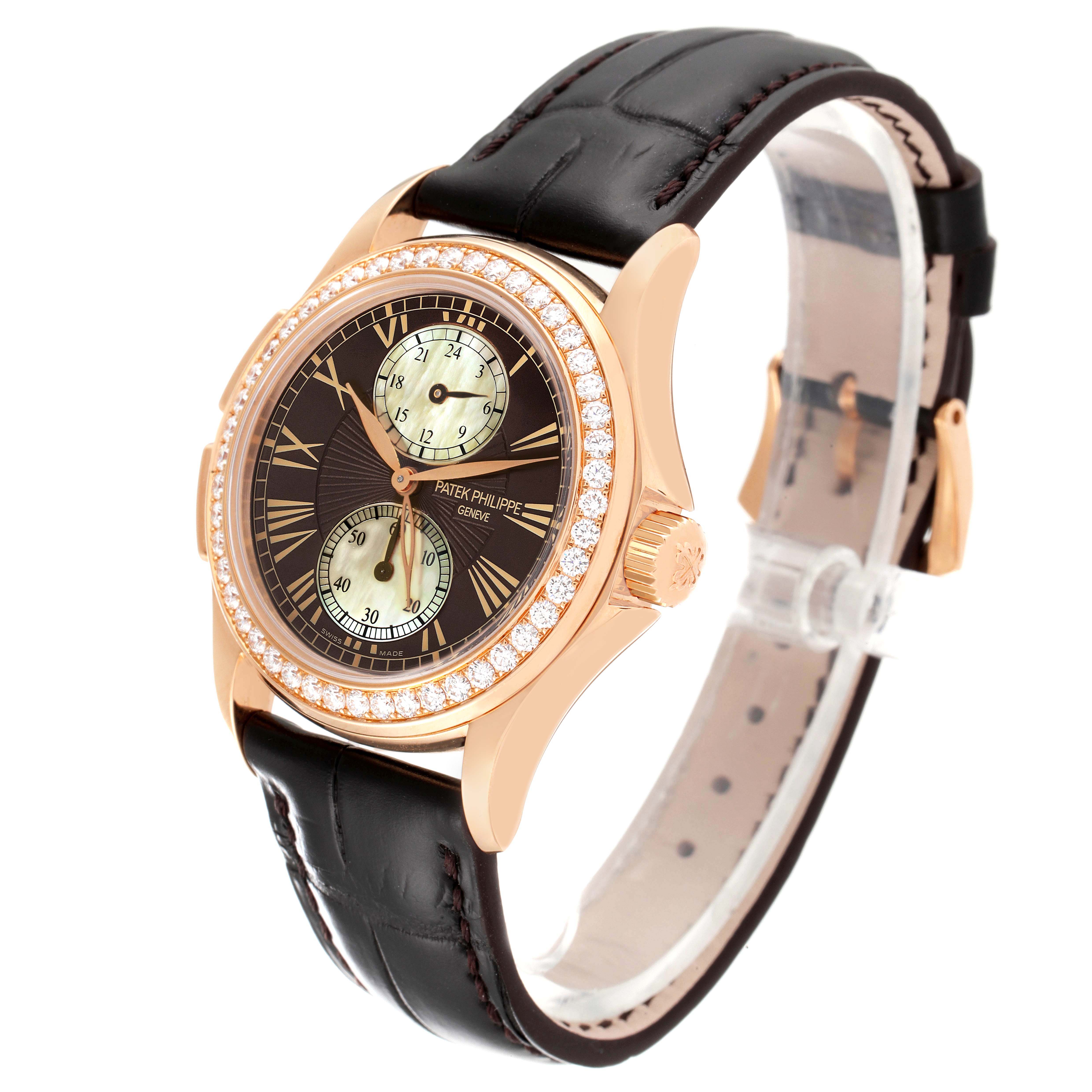 The image shows a Patek Philippe Calatrava 4934R Women's Rose Gold Mother of Pearl Dial 4934R Women's Rose Gold Mother of Pearl Dial watch at a front angle, highlighting its dial, bezel, case, and leather strap.